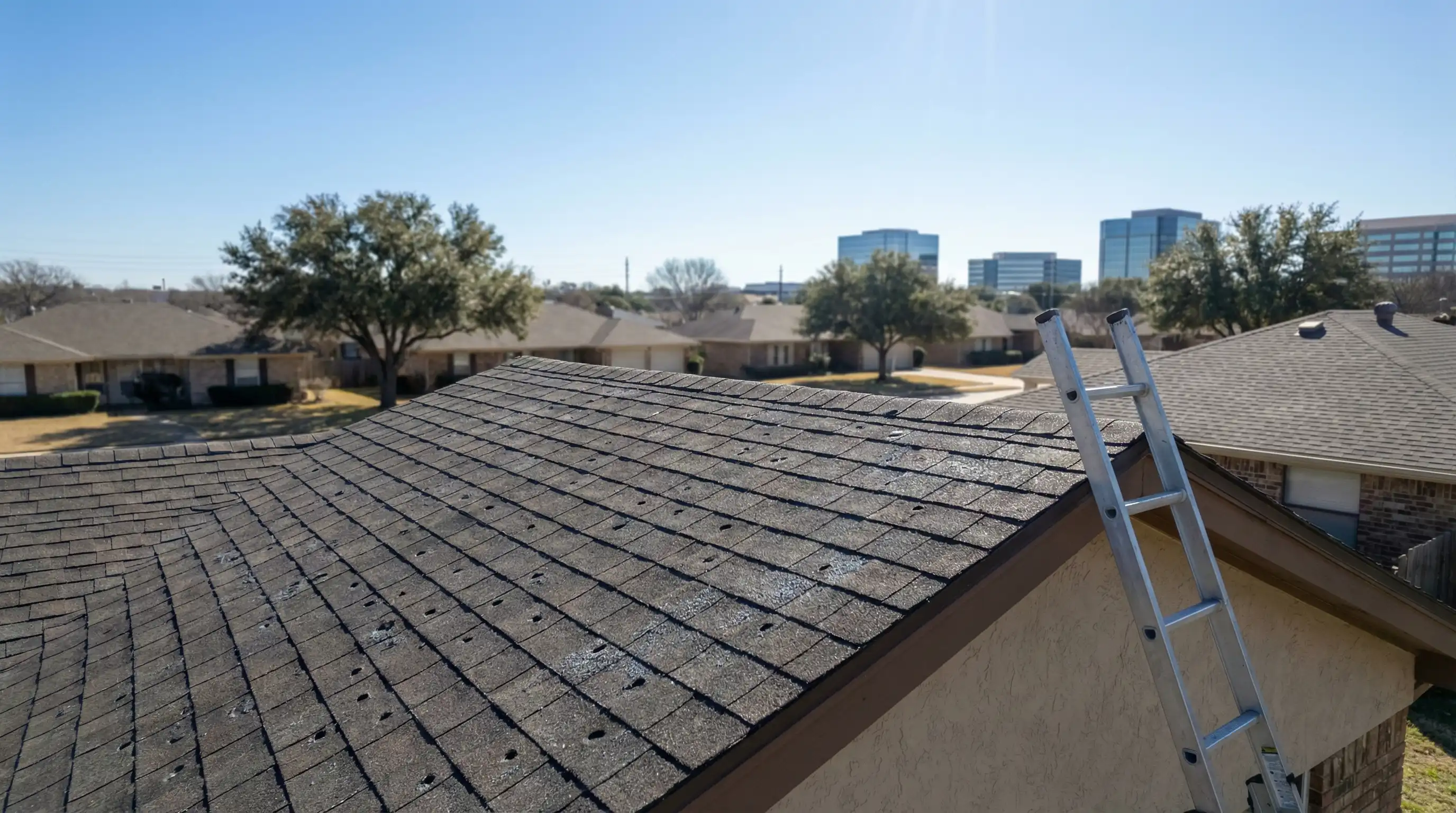 Roofing contractor inspecting hail damage on a residential roof in Irving, TX under a clear blue Texas sky