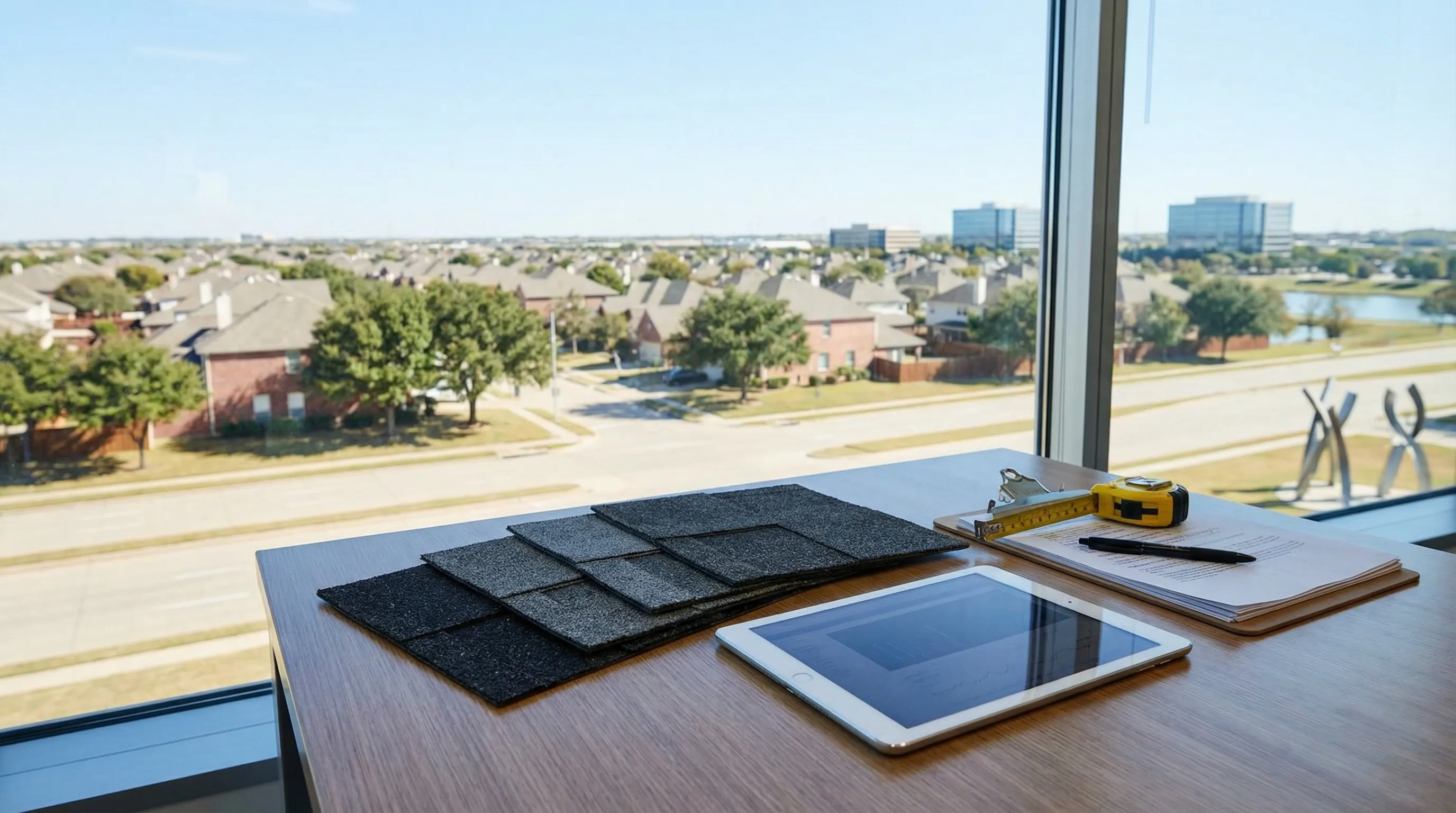 Roofing contractor inspecting hail damage on a residential roof in Irving, TX under a clear blue Texas sky