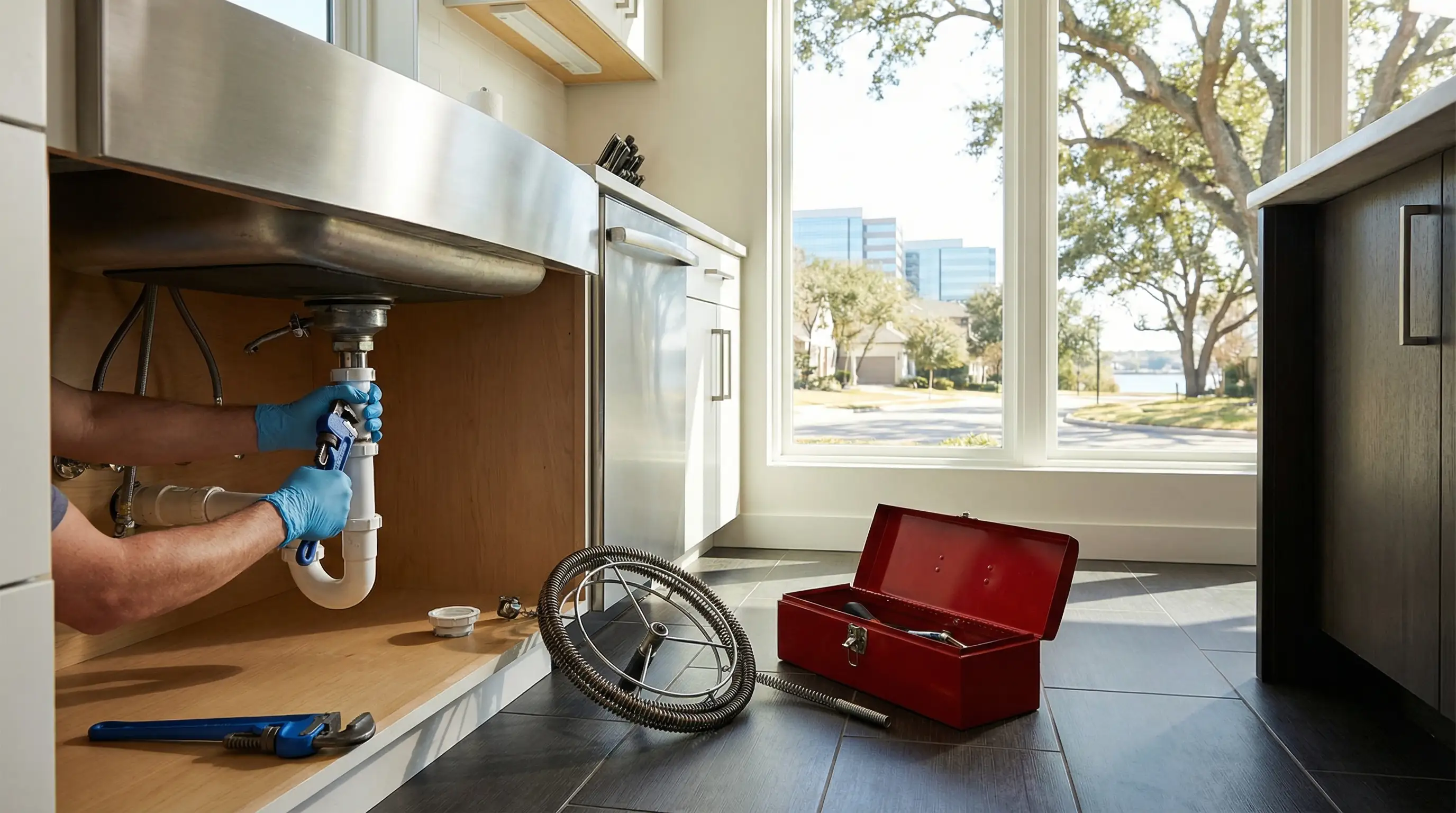 Licensed plumber repairing a slab leak under a kitchen floor in a suburban Irving, TX home