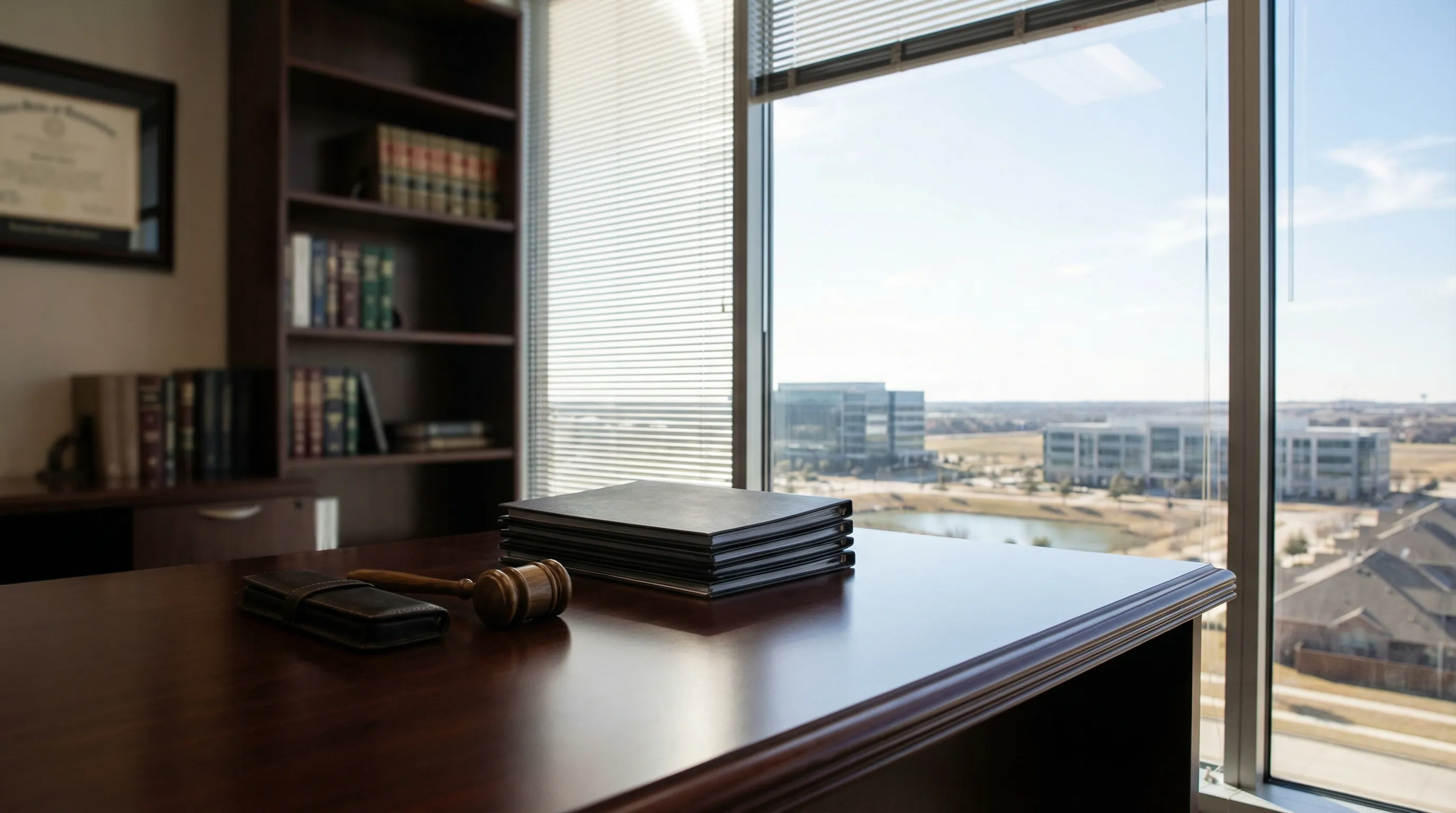 Modern law office conference room in Irving, TX with Las Colinas skyline visible through floor-to-ceiling windows