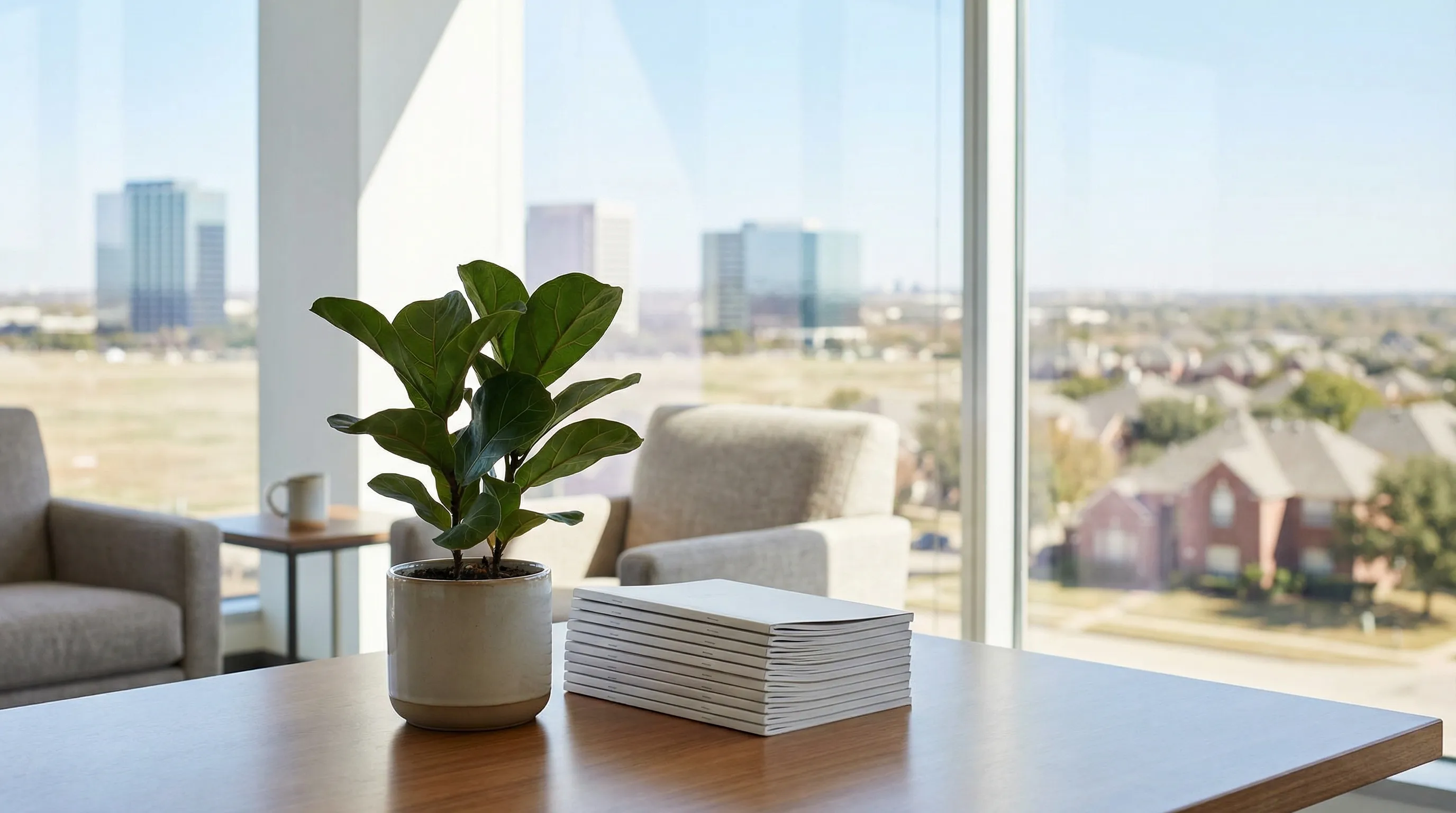 Professional moving crew loading truck in front of suburban home in Irving, TX with DFW area skyline in background
