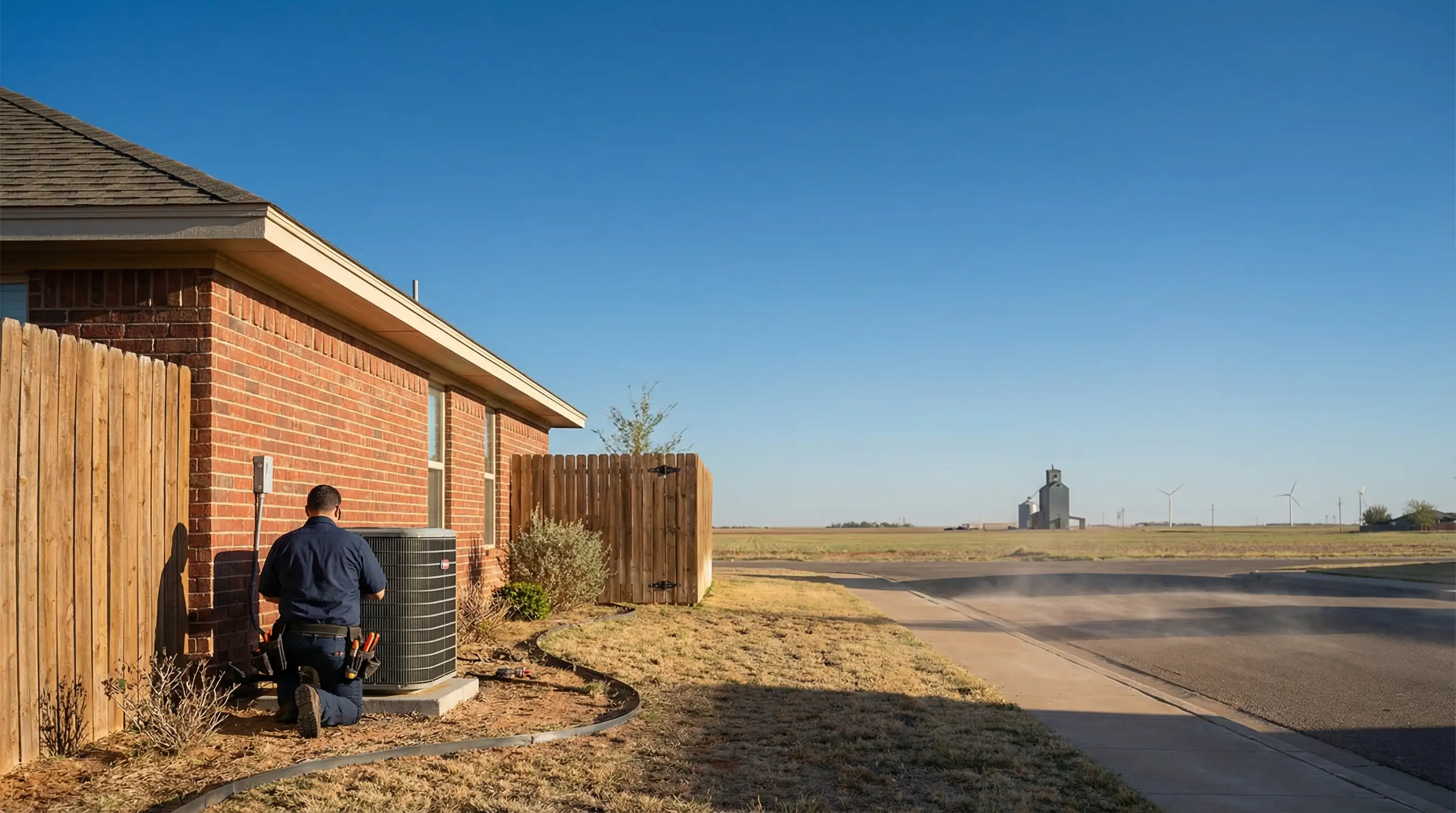 Professional HVAC technician servicing a central air conditioning unit outside a brick ranch home in Lubbock, TX under a bright West Texas sky