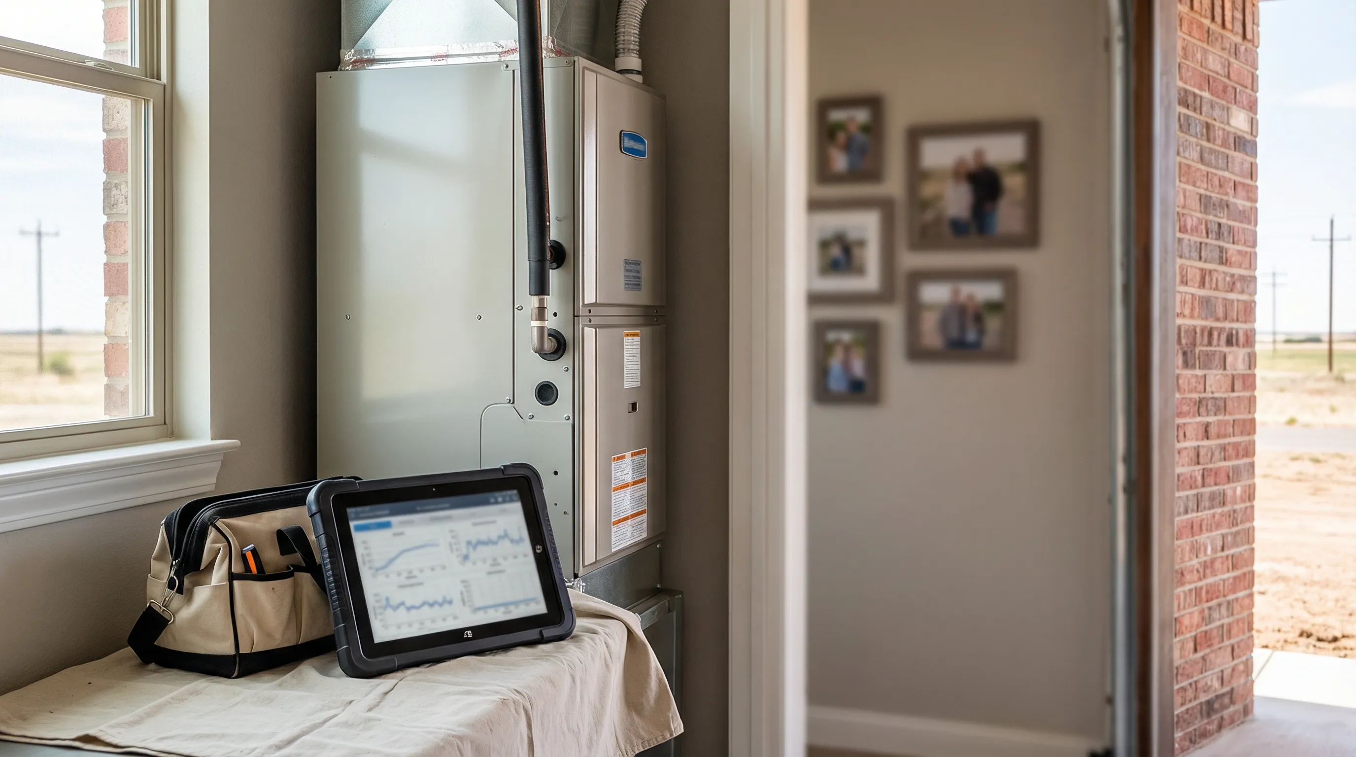 Professional HVAC technician servicing a central air conditioning unit outside a brick ranch home in Lubbock, TX under a bright West Texas sky