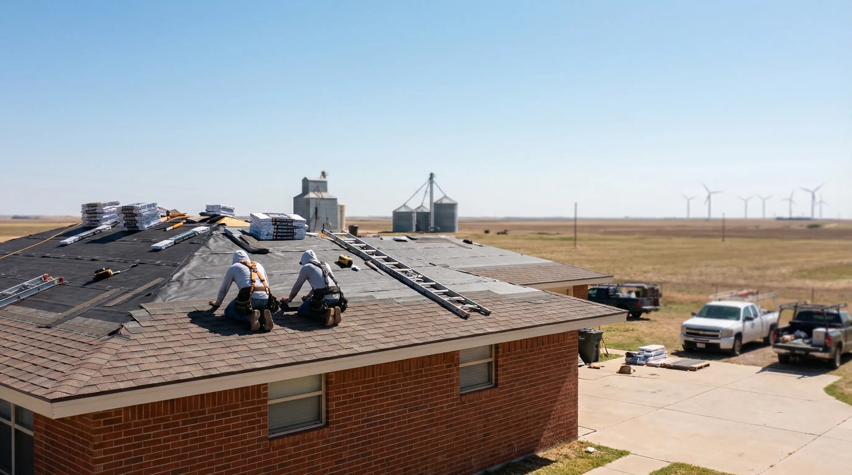 Lubbock roofing contractor inspecting hail-damaged shingles on a red brick ranch home in West Texas with storm clouds visible in the background