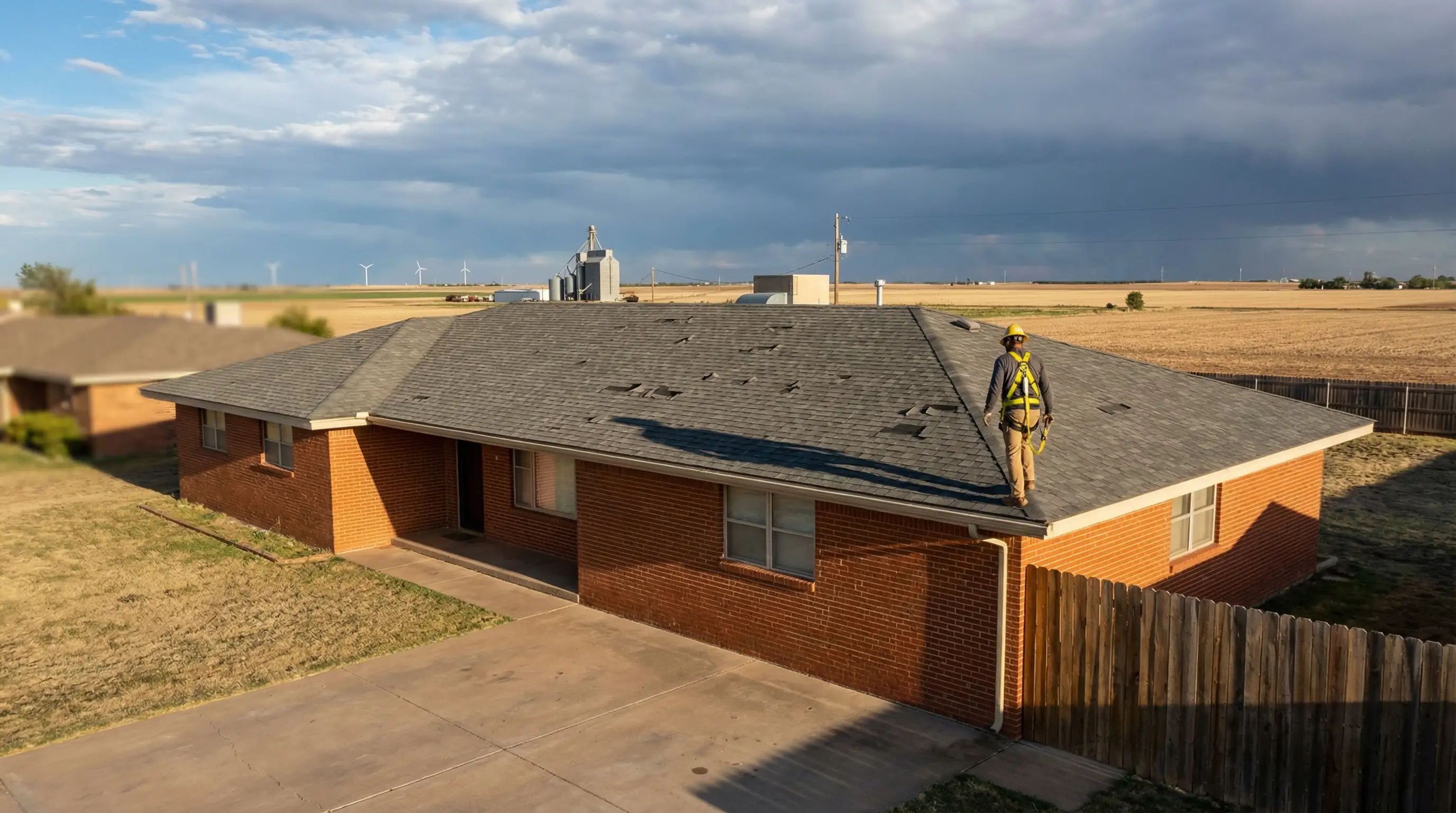Lubbock roofing contractor inspecting hail-damaged shingles on a red brick ranch home in West Texas with storm clouds visible in the background