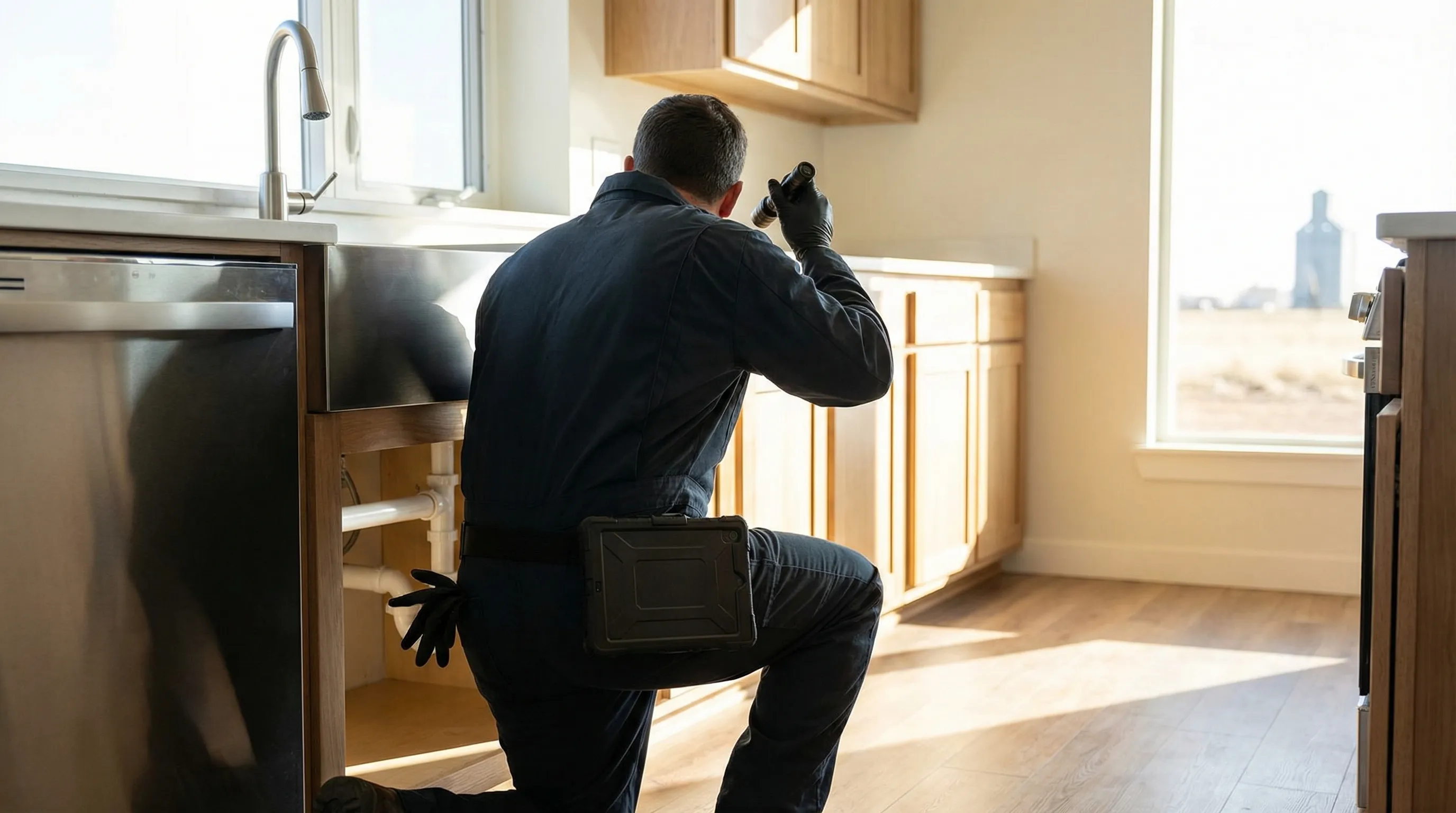 Pest control technician treating the foundation perimeter of a brick ranch home in Lubbock, TX with professional spray equipment under a clear West Texas sky