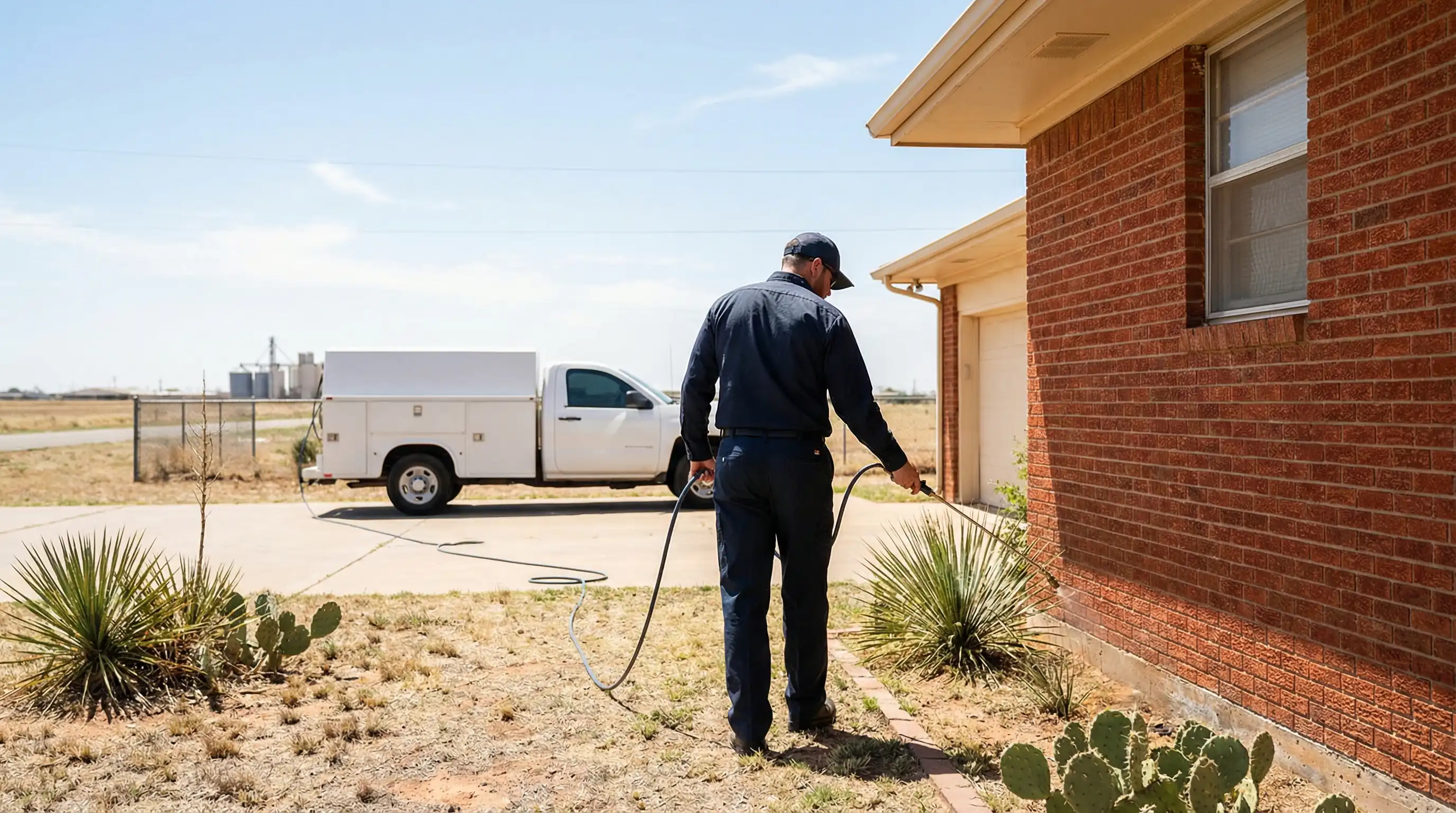 Pest control technician treating the foundation perimeter of a brick ranch home in Lubbock, TX with professional spray equipment under a clear West Texas sky
