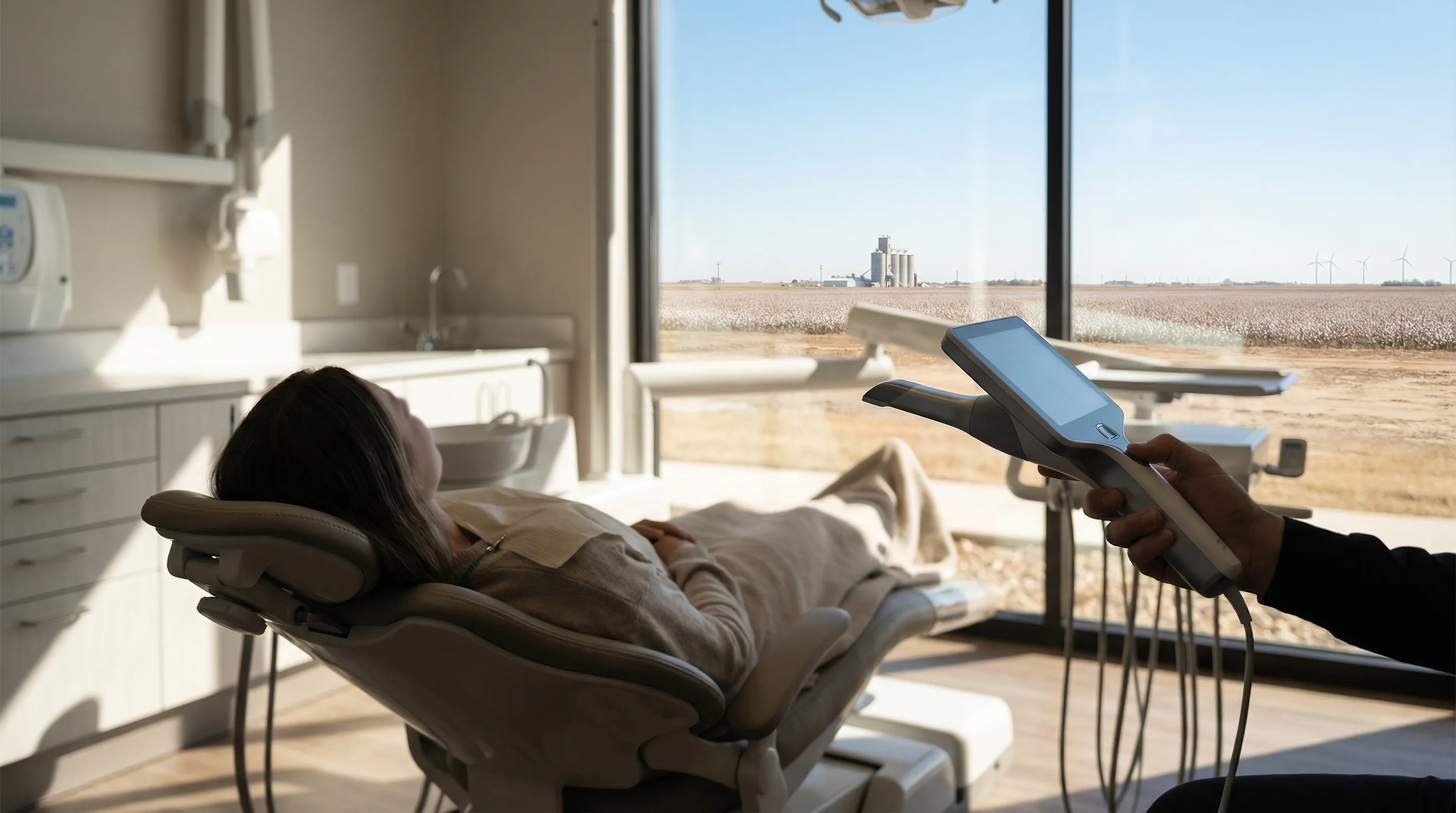 Modern dental practice interior in Lubbock, TX with a dentist using digital imaging equipment to examine a patient in a bright, professional clinical setting
