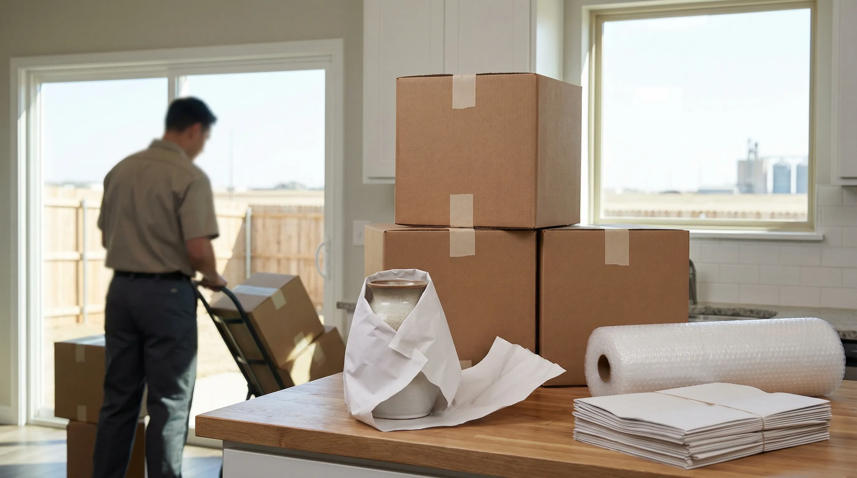 Professional moving crew loading truck in a Lubbock, TX neighborhood with West Texas sky