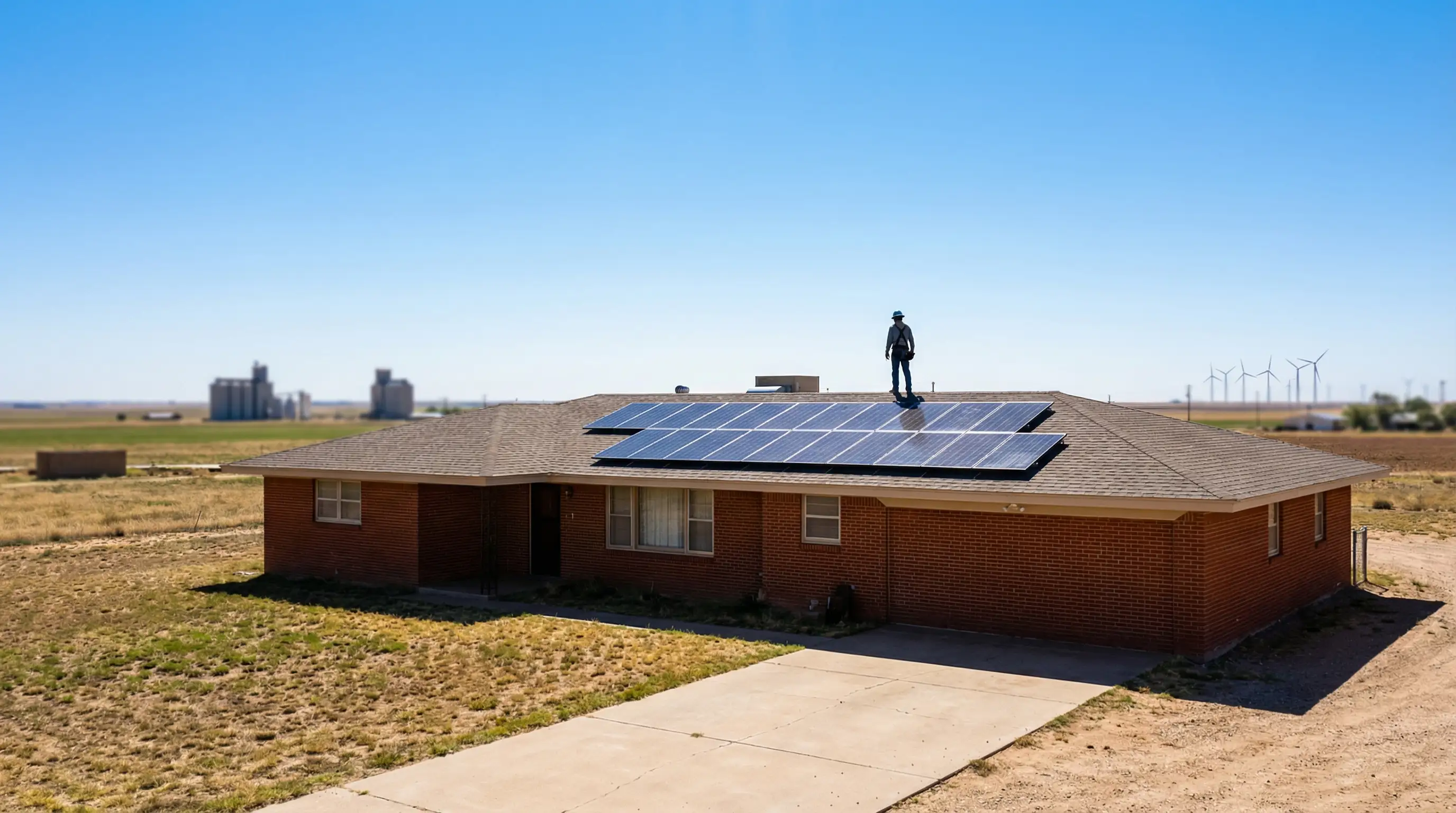 Solar panel installation on a red brick ranch home in Lubbock, TX with bright West Texas sky