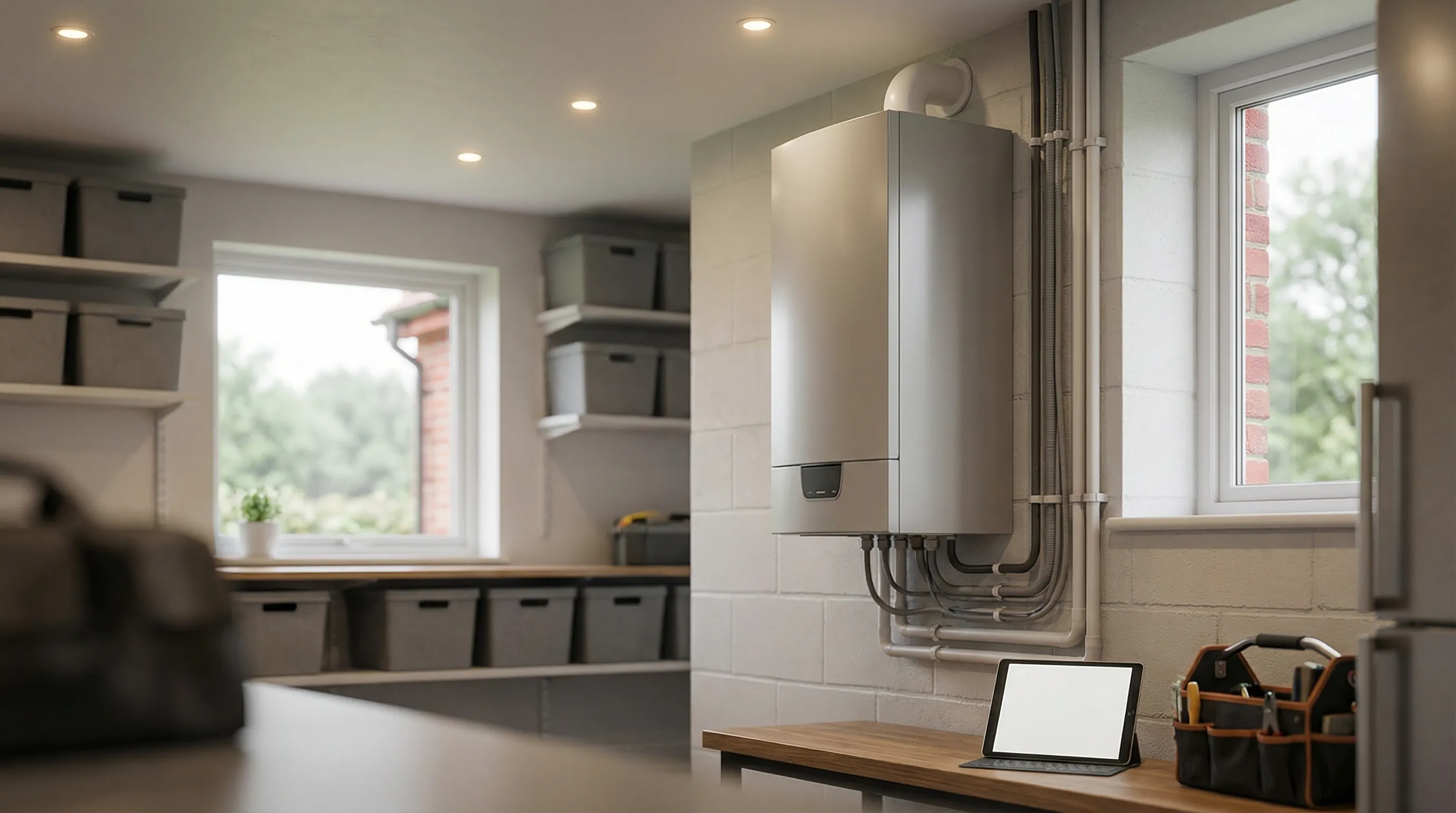 Professional HVAC technician servicing a heat pump unit outside a suburban home in Chesapeake, VA