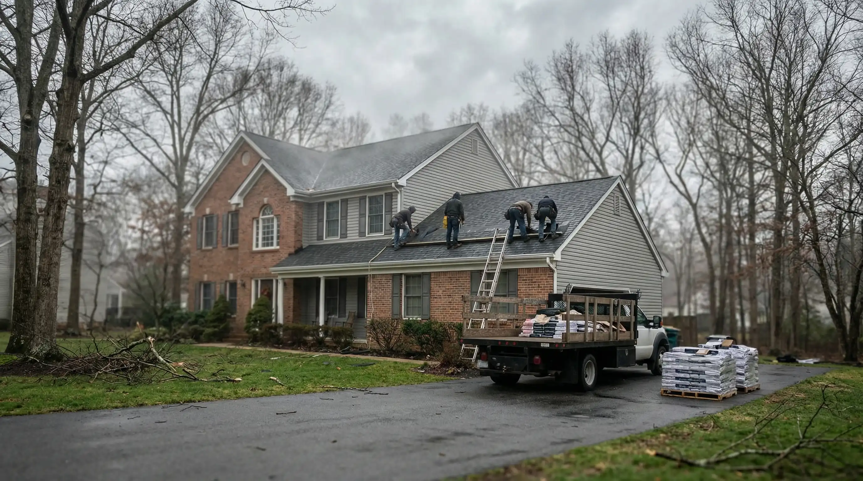 Roofing crew installing new architectural shingles on a colonial home in a Chesapeake, VA suburban neighborhood