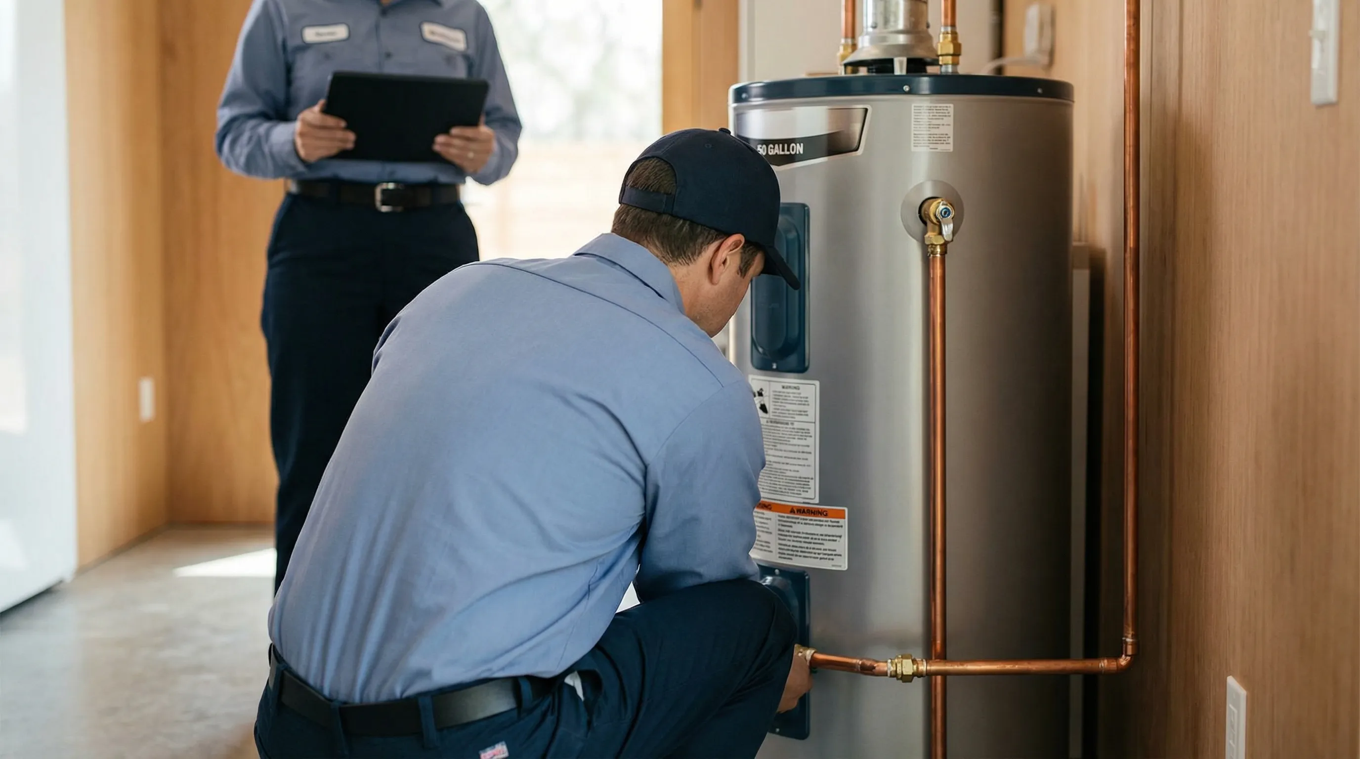 Licensed plumber installing a new water heater in a utility room of a Chesapeake, VA home