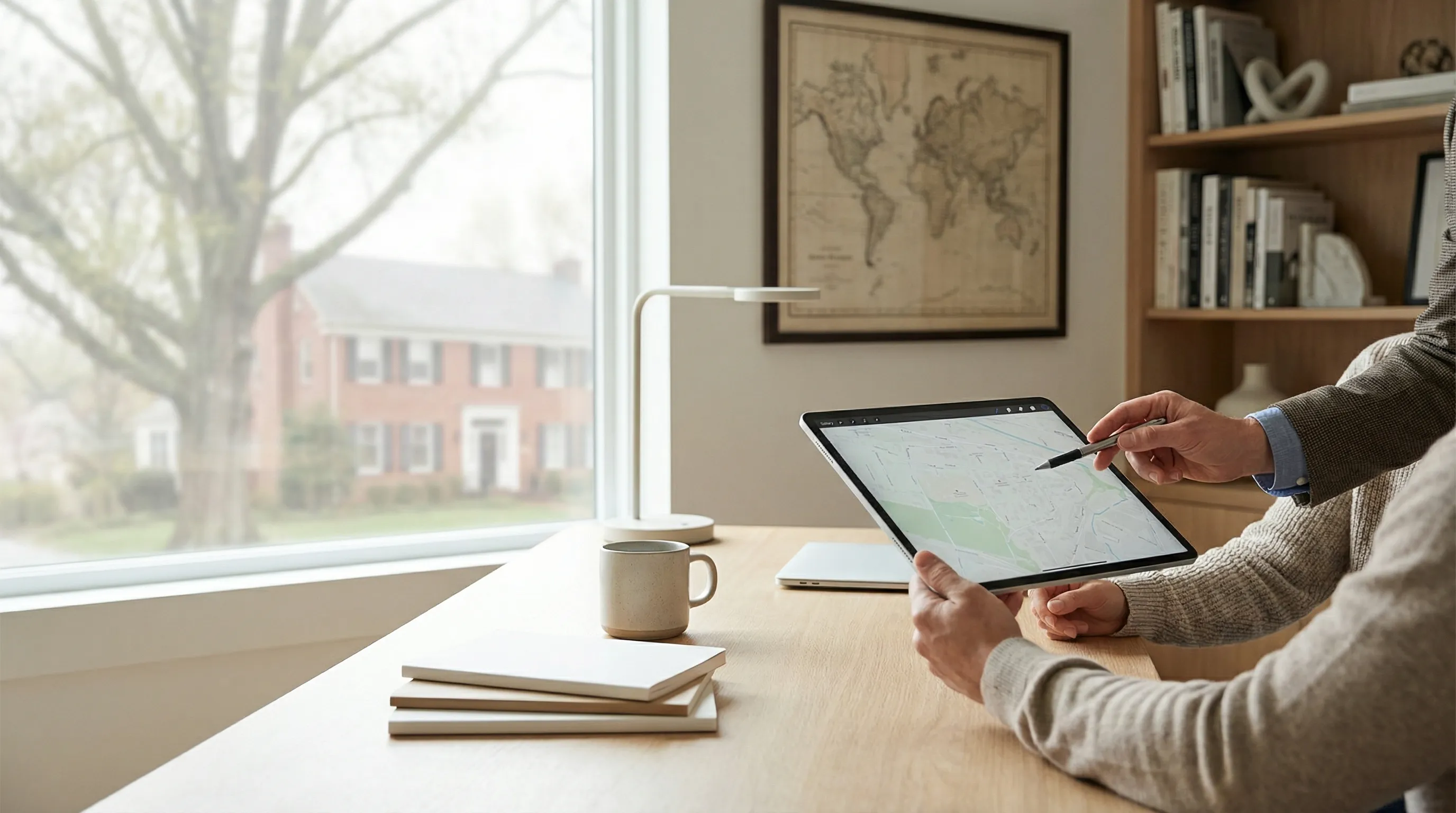 Real estate agent reviewing Hampton Roads listings with military family clients in a Chesapeake, VA office