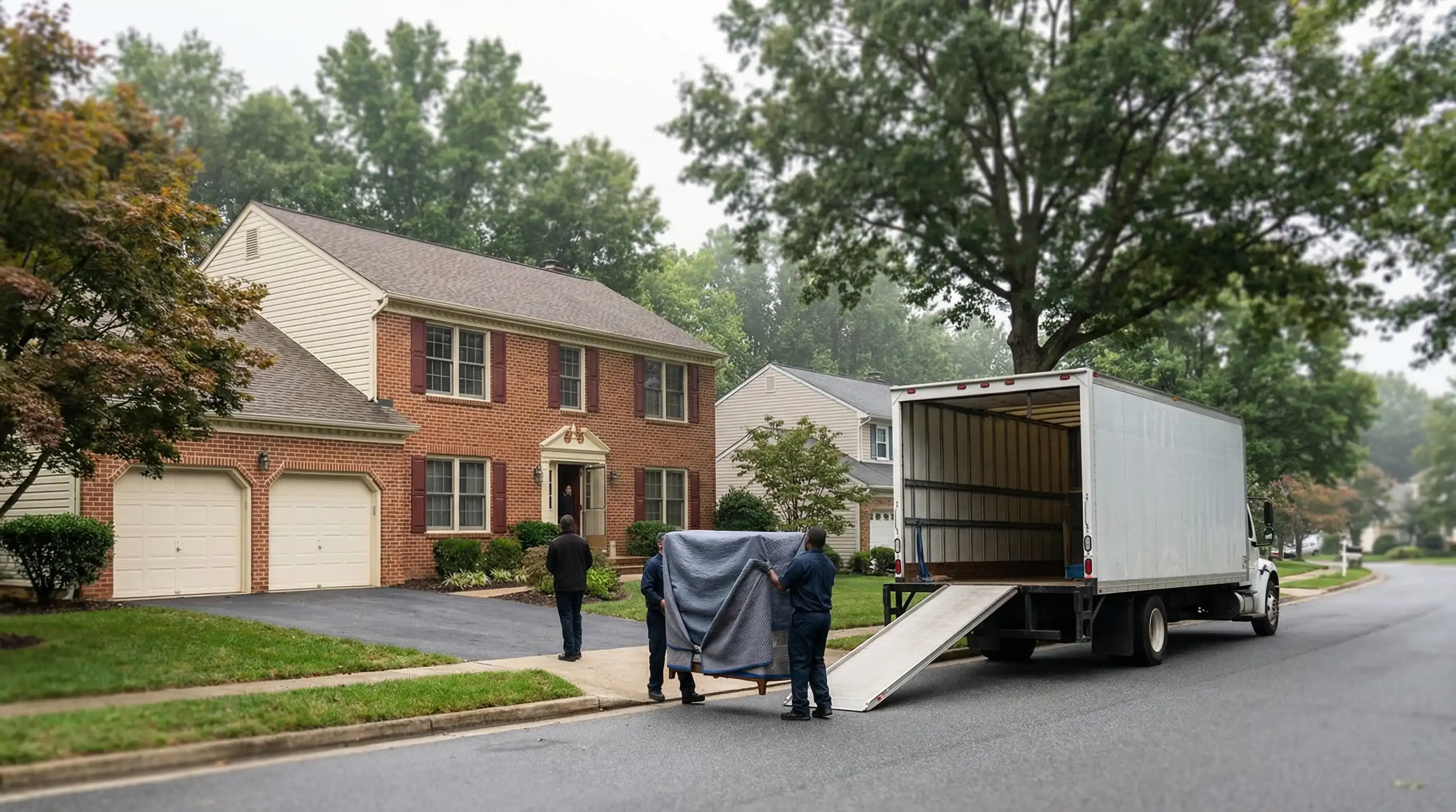 Professional moving crew loading a branded moving truck outside a Chesapeake, VA residential home