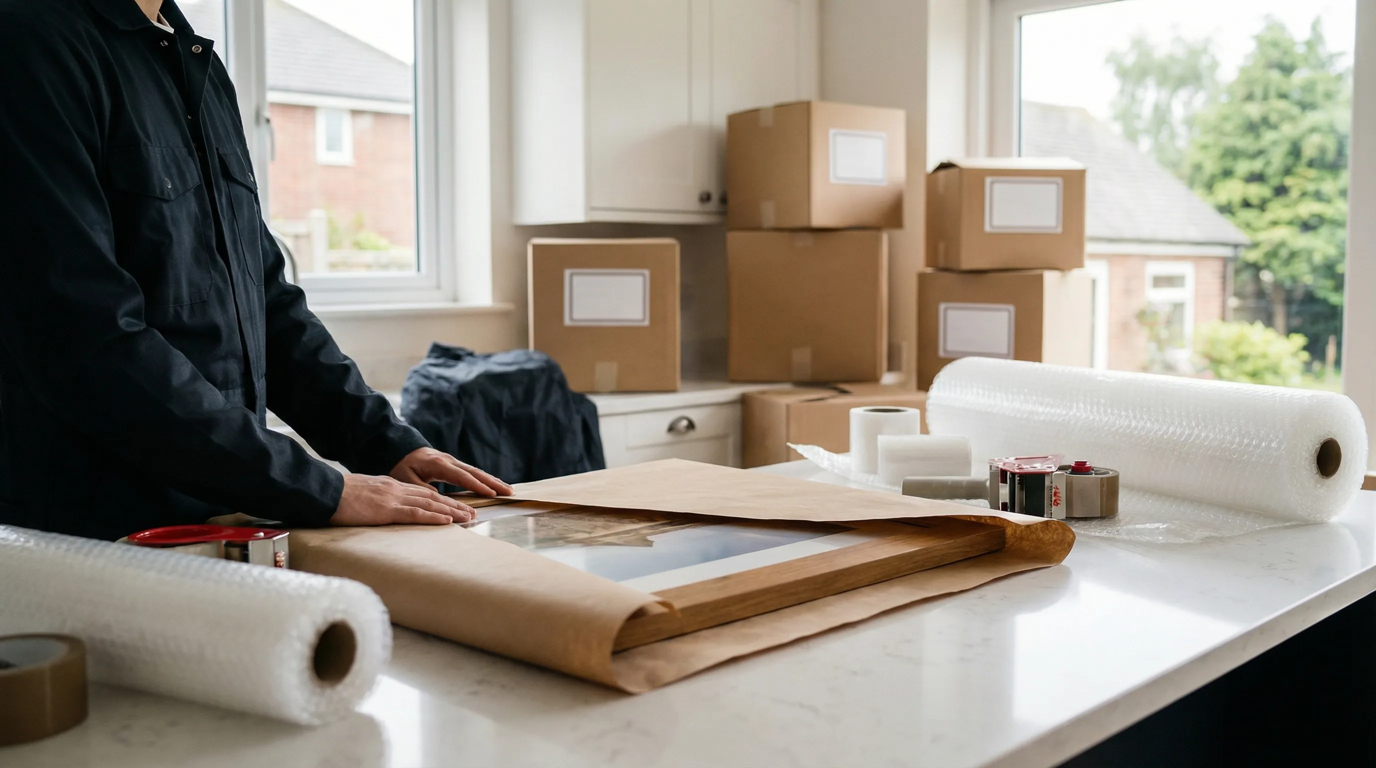 Professional moving crew loading a branded moving truck outside a Chesapeake, VA residential home