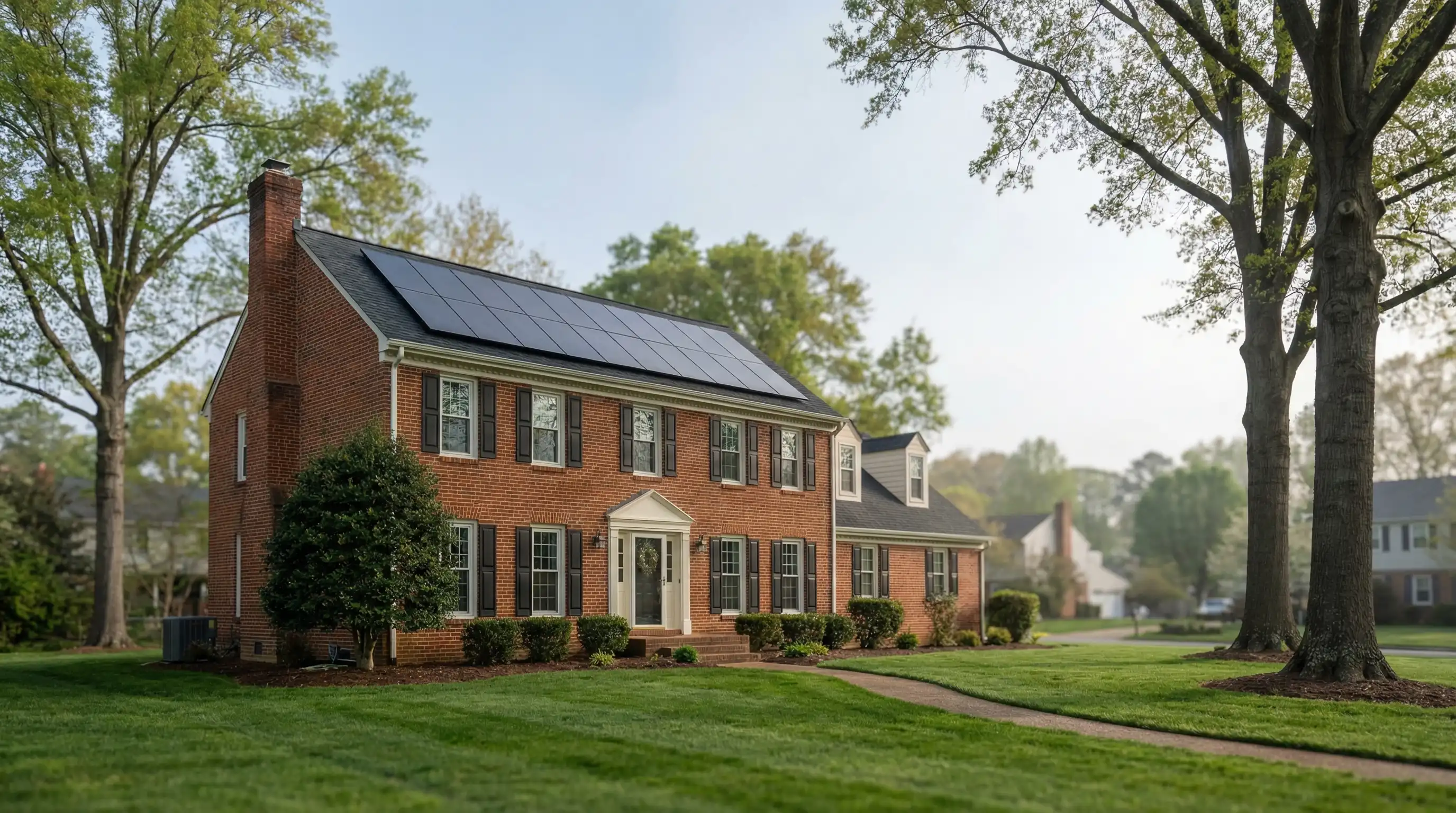 Solar panels installed on a red brick colonial home in a Chesapeake, VA neighborhood on a clear spring day