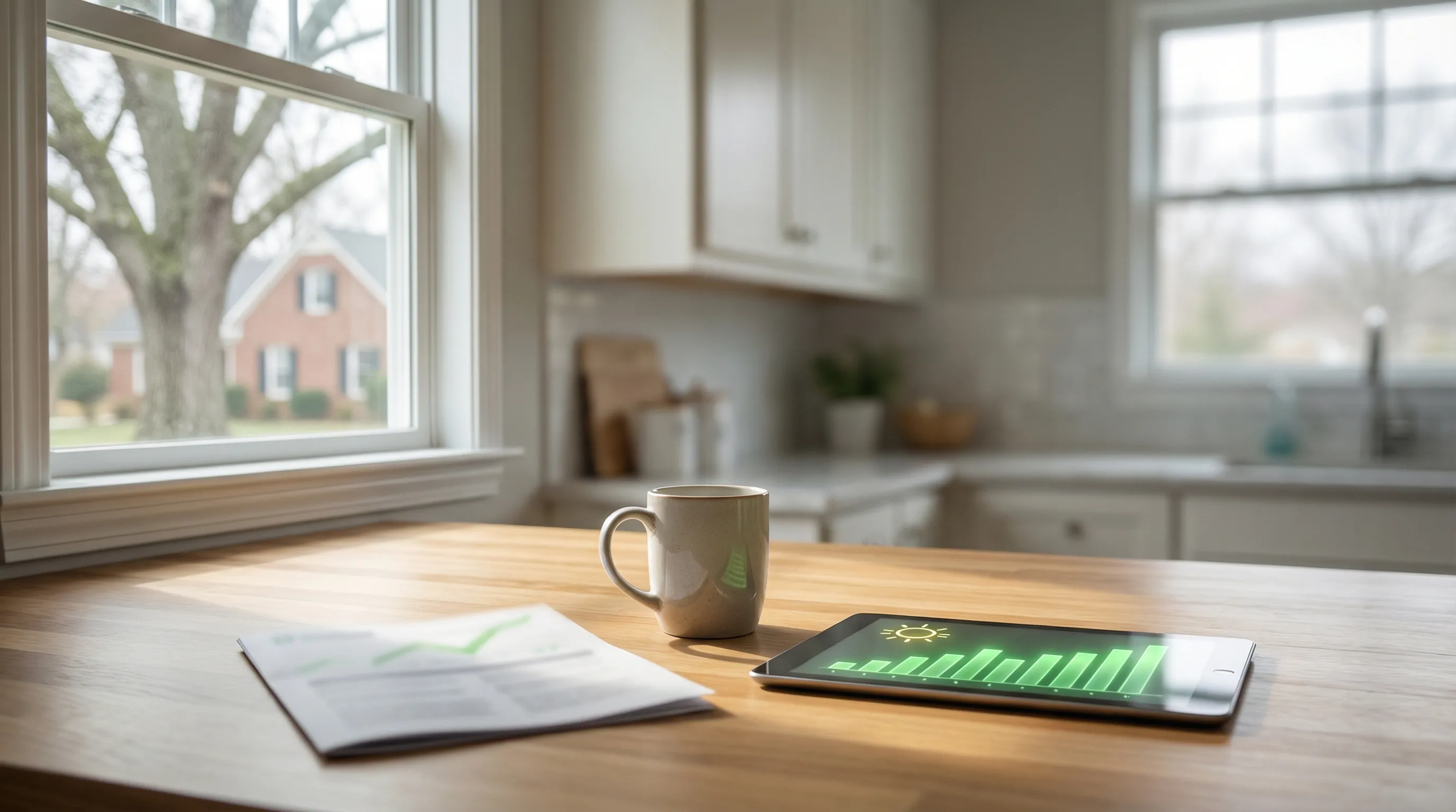 Solar panels installed on a red brick colonial home in a Chesapeake, VA neighborhood on a clear spring day