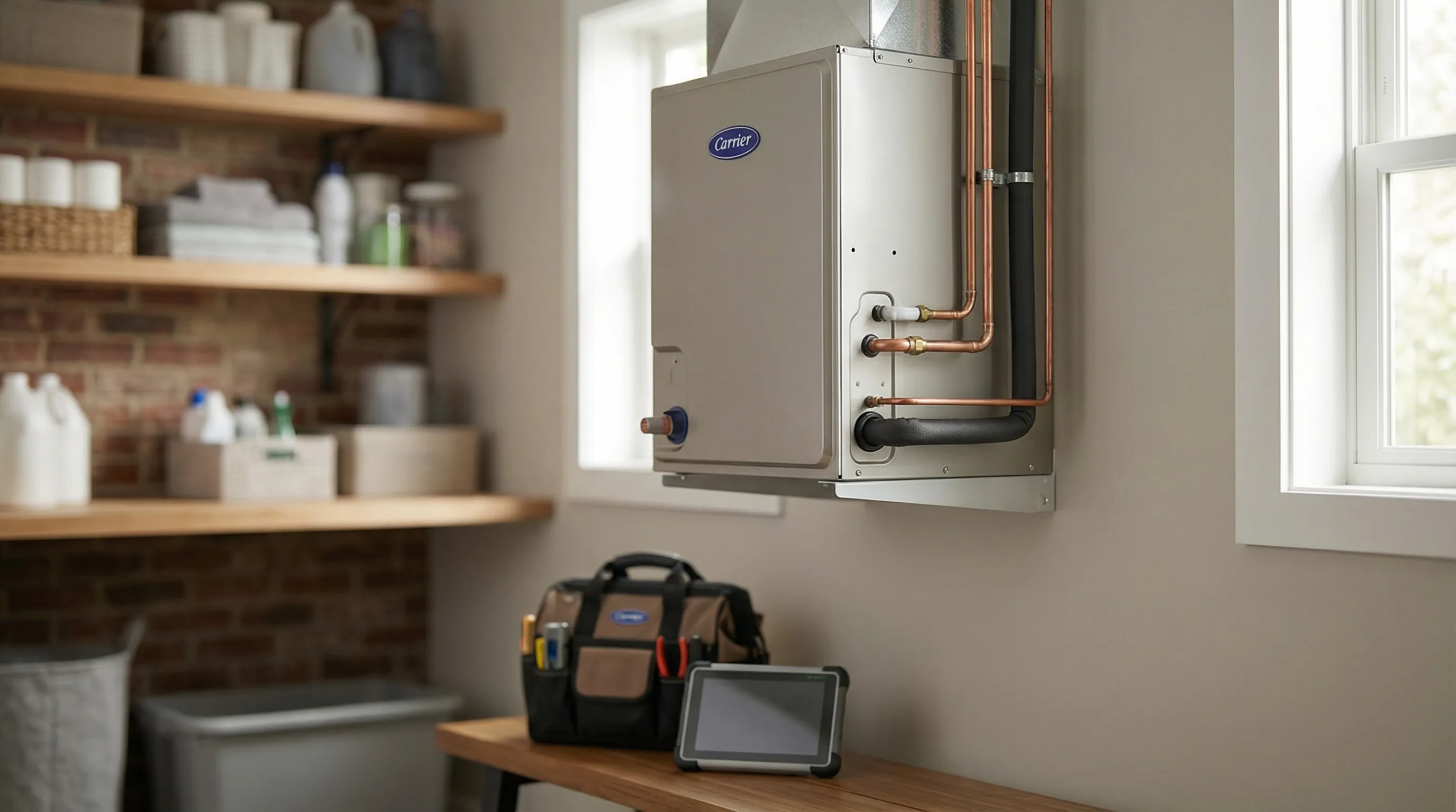 Professional HVAC technician servicing a heat pump at a brick Colonial Revival home in Norfolk's Ghent neighborhood, VA