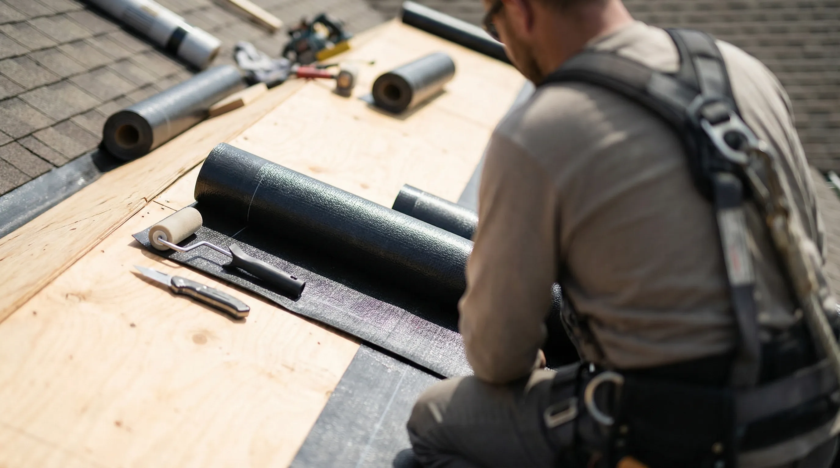 Roofing crew installing architectural shingles on a 1940s brick bungalow in Norfolk's Larchmont neighborhood after a nor'easter storm