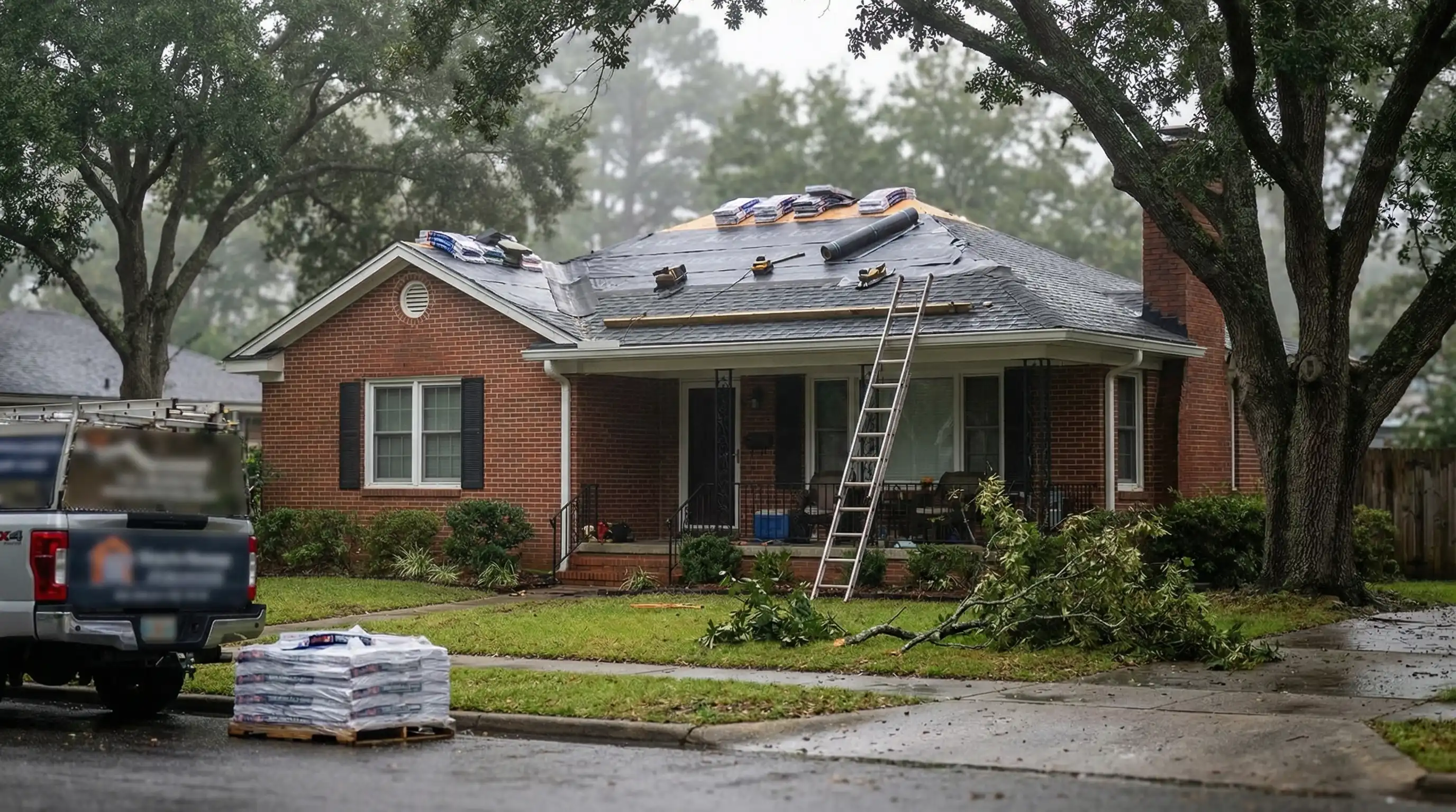 Roofing crew installing architectural shingles on a 1940s brick bungalow in Norfolk's Larchmont neighborhood after a nor'easter storm