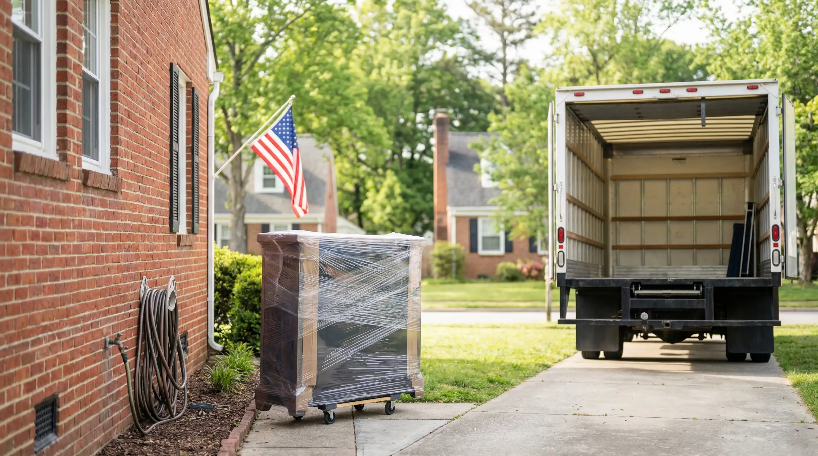 Professional moving crew loading household goods from a brick colonial home in Norfolk's Larchmont neighborhood for a military PCS relocation