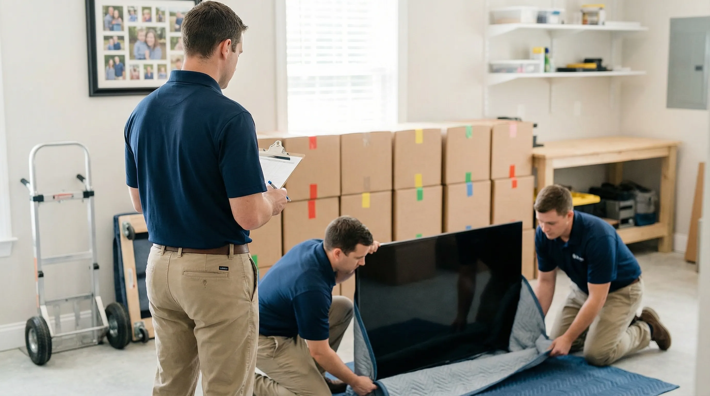 Professional moving crew loading household goods from a brick colonial home in Norfolk's Larchmont neighborhood for a military PCS relocation