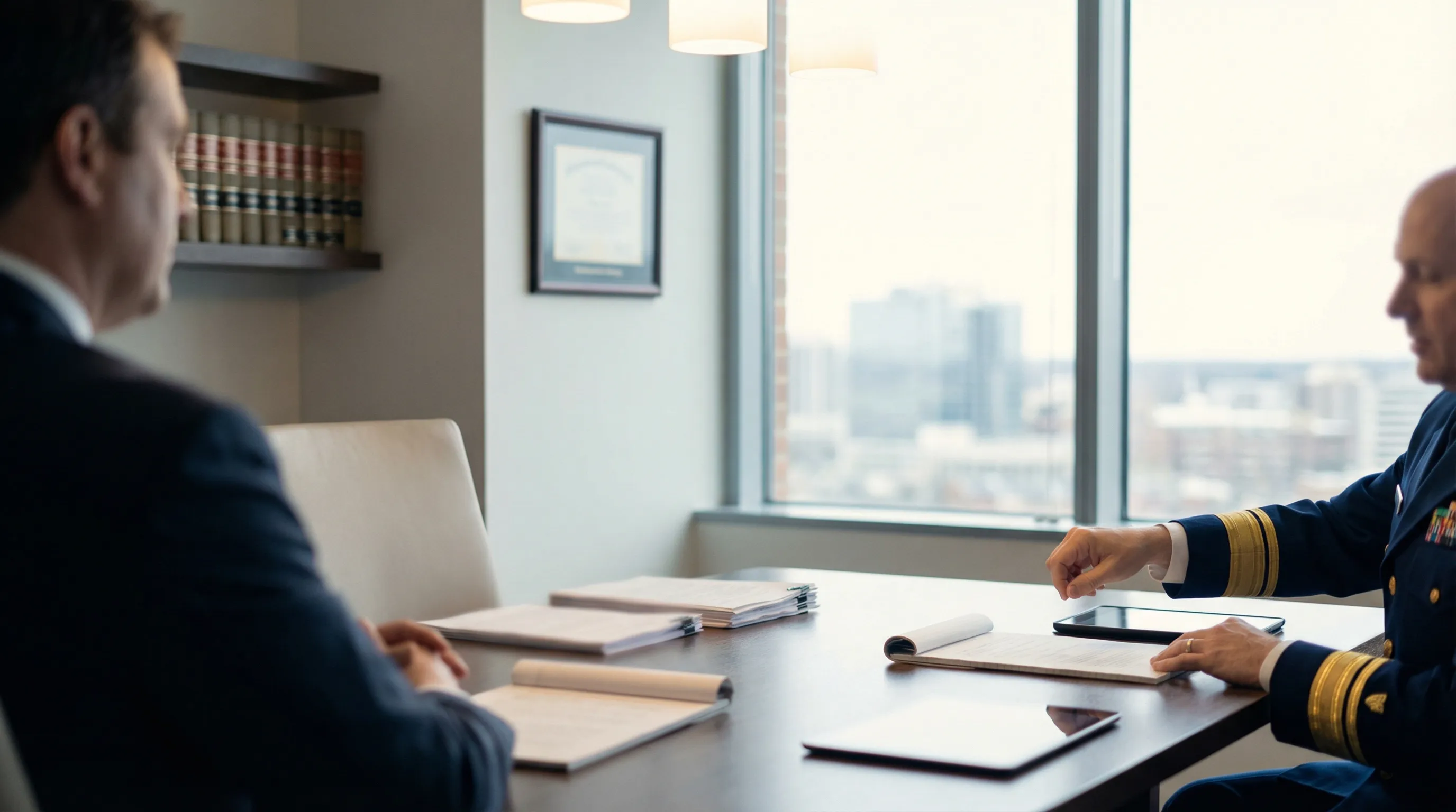 Attorney in professional attire reviewing documents with a Navy service member in a Norfolk law office consultation room