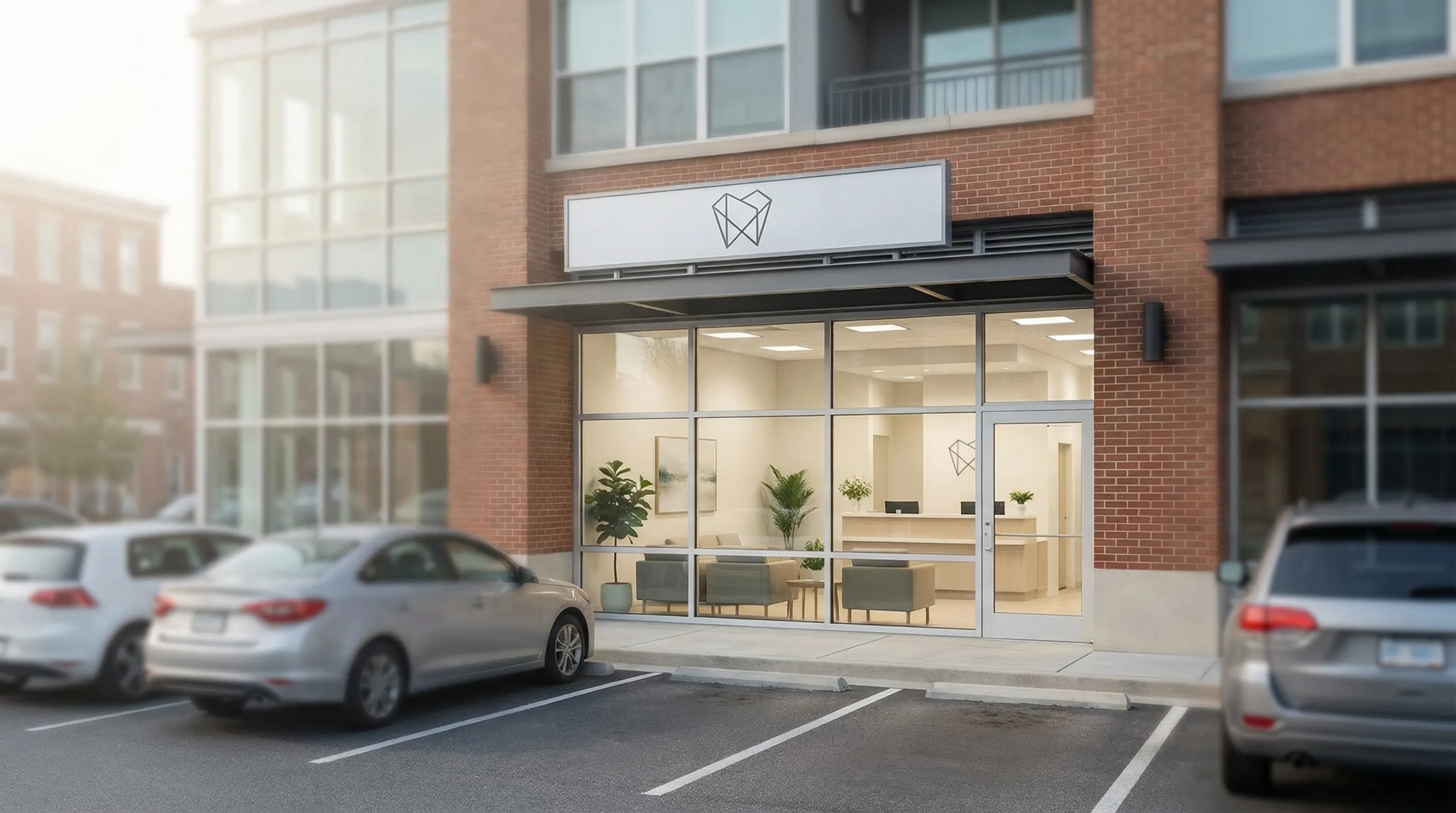 Modern dental practice reception area in Norfolk VA with a friendly hygienist welcoming a new patient at the front desk, natural coastal light through large windows