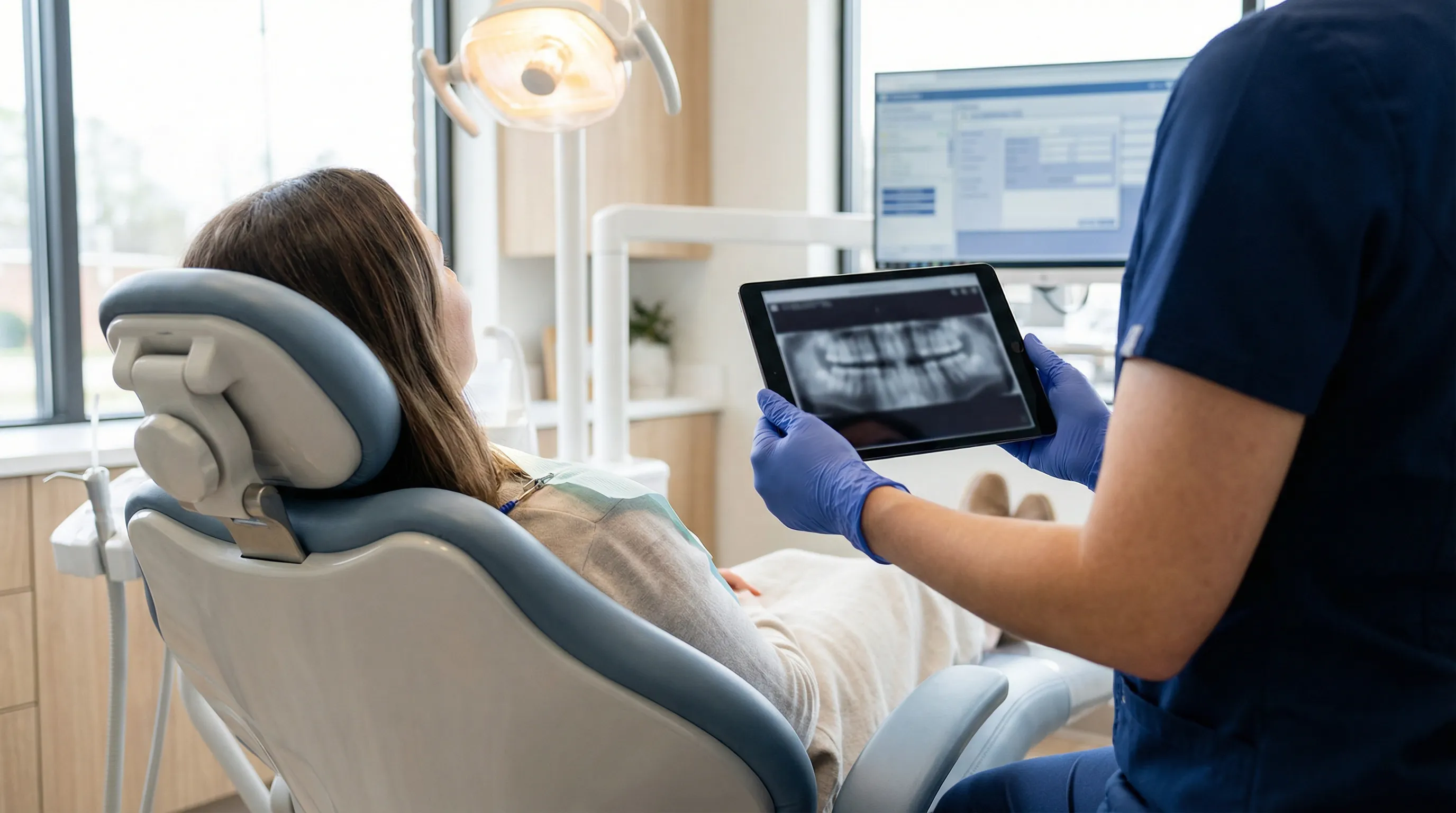 Modern dental practice reception area in Norfolk VA with a friendly hygienist welcoming a new patient at the front desk, natural coastal light through large windows