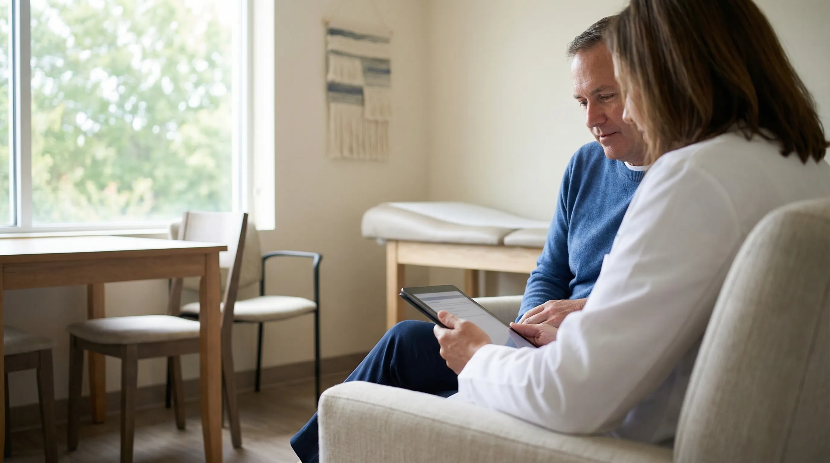 Independent healthcare practice consultation room in Norfolk VA showing a physician in a white coat speaking with a patient in their 30s, warm natural light, modern medical equipment in the background