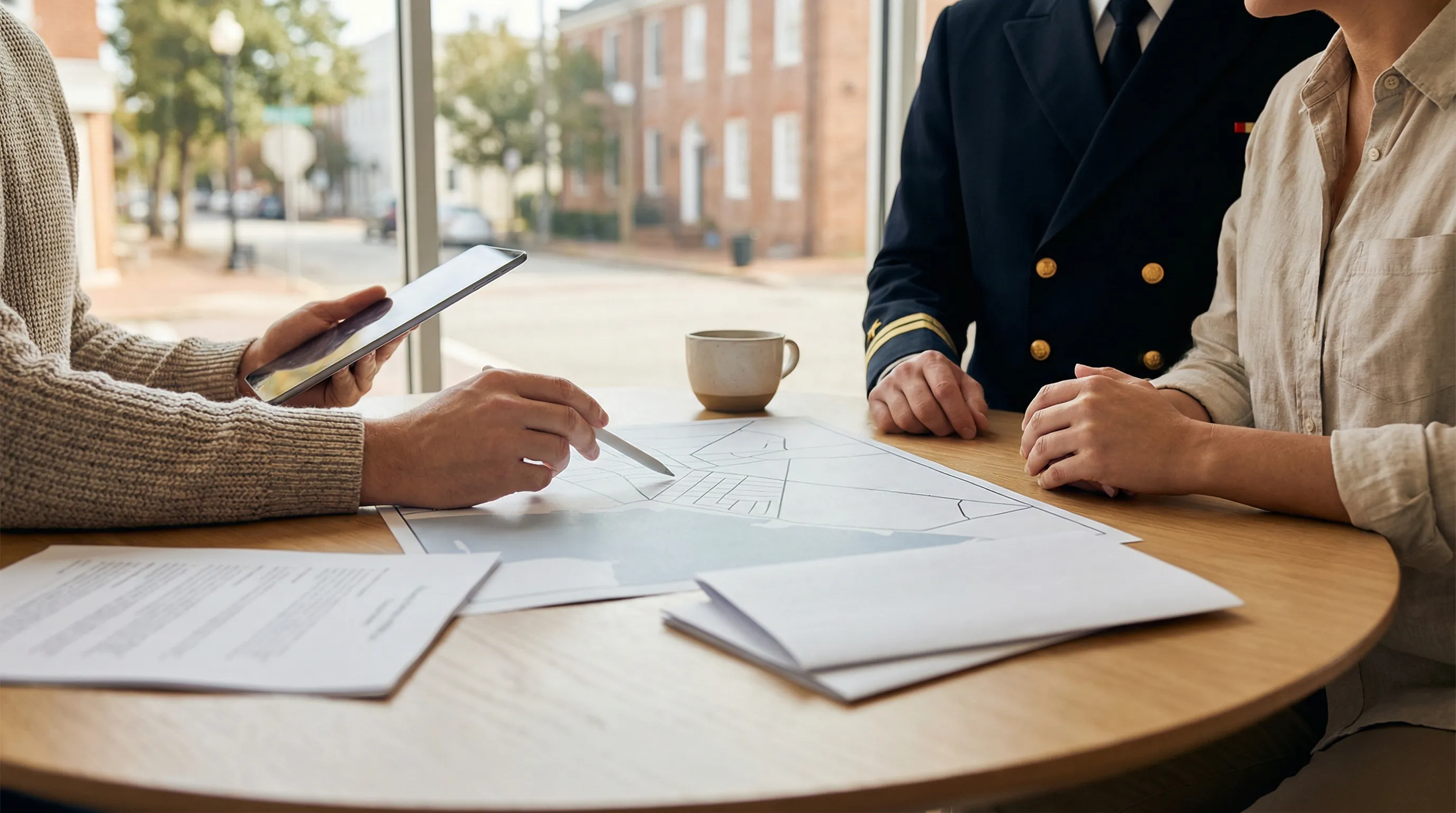 Colonial Revival brick home in Norfolk's Ghent neighborhood with a real estate agent standing on the front porch reviewing a tablet with a young military couple, tree-lined street in background