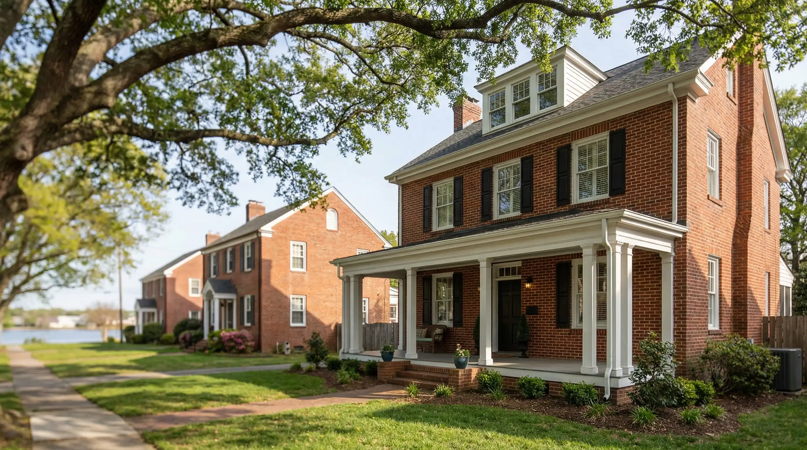 Colonial Revival brick home in Norfolk's Ghent neighborhood with a real estate agent standing on the front porch reviewing a tablet with a young military couple, tree-lined street in background