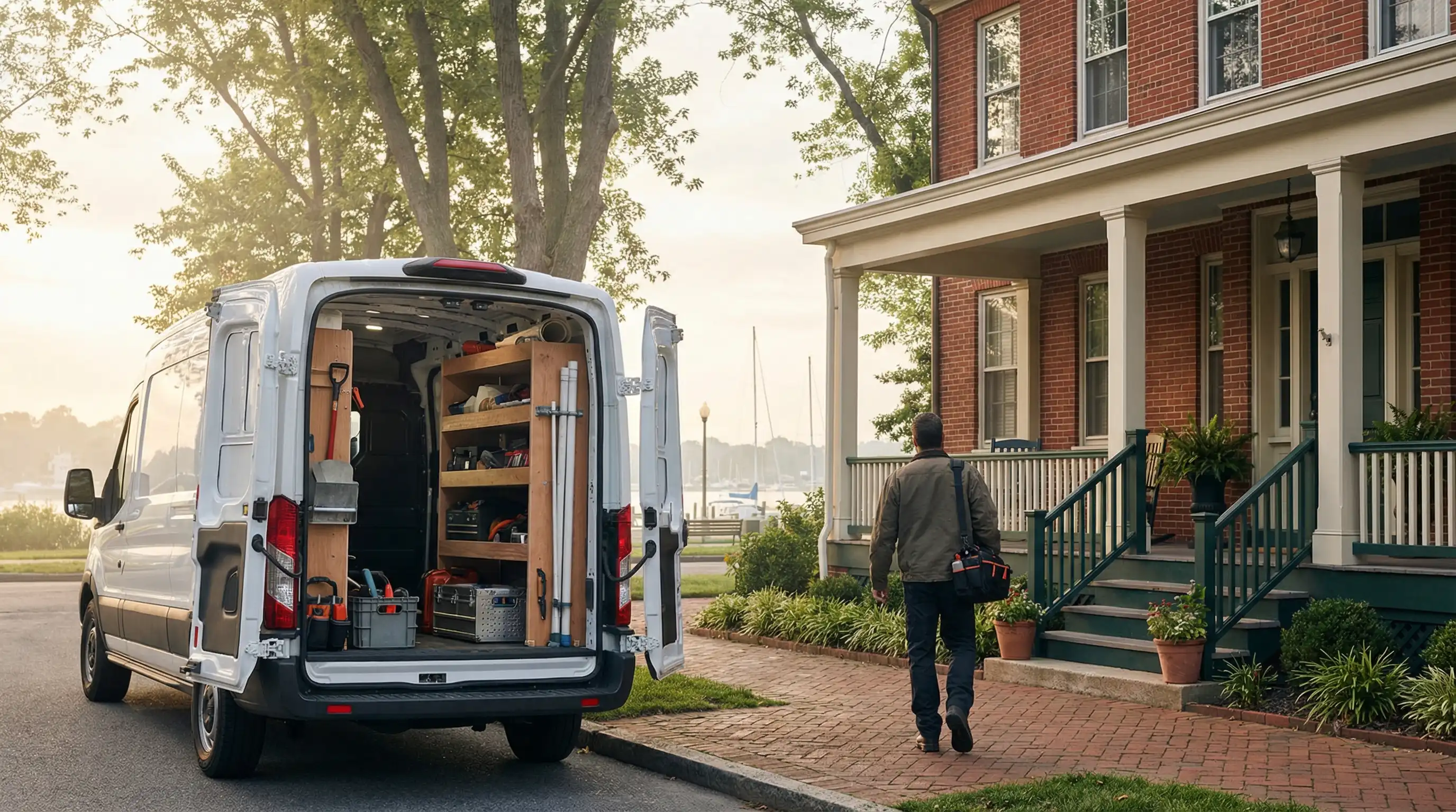 Plumber in company uniform installing a tankless water heater in the utility room of a 1940s Norfolk brick home, neat copper connections and organized tools, professional precision evident