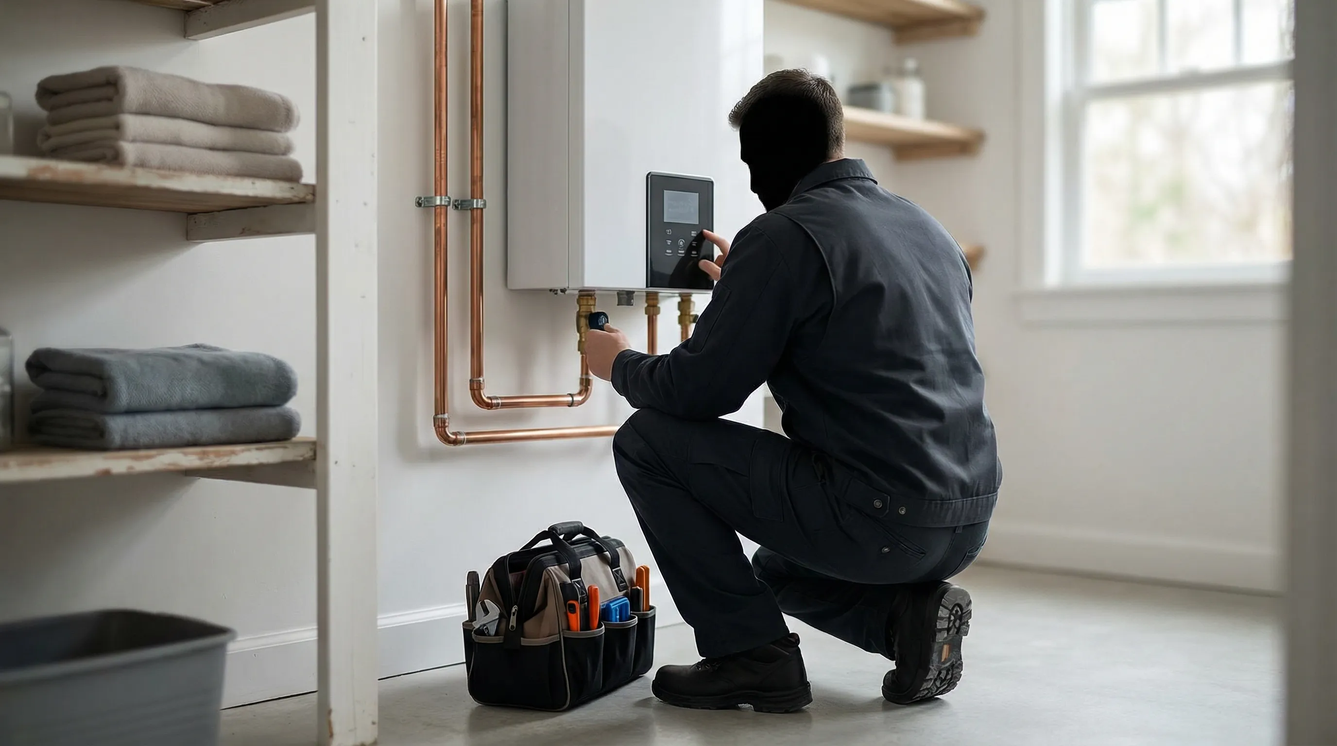Plumber in company uniform installing a tankless water heater in the utility room of a 1940s Norfolk brick home, neat copper connections and organized tools, professional precision evident