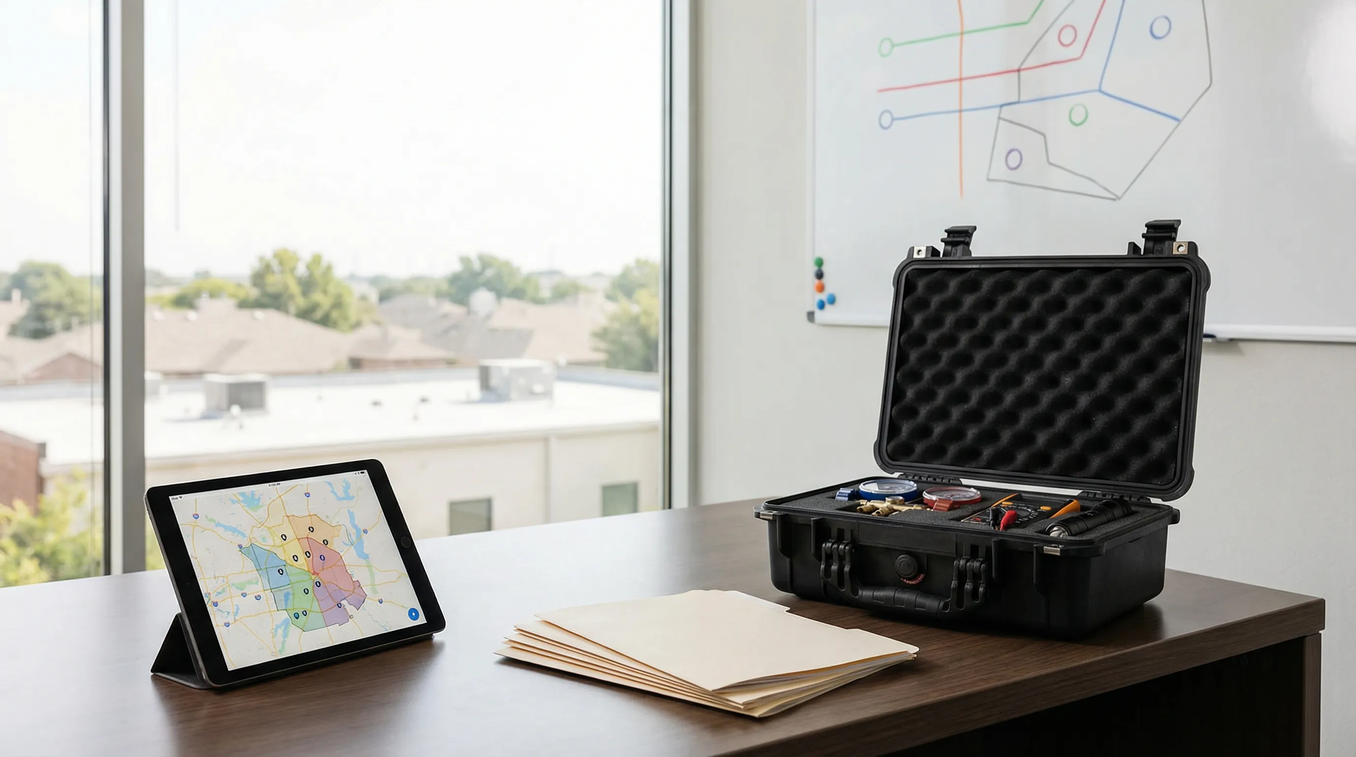 Professional HVAC technician inspecting a residential condenser unit outside a 1970s brick ranch home in Garland, TX