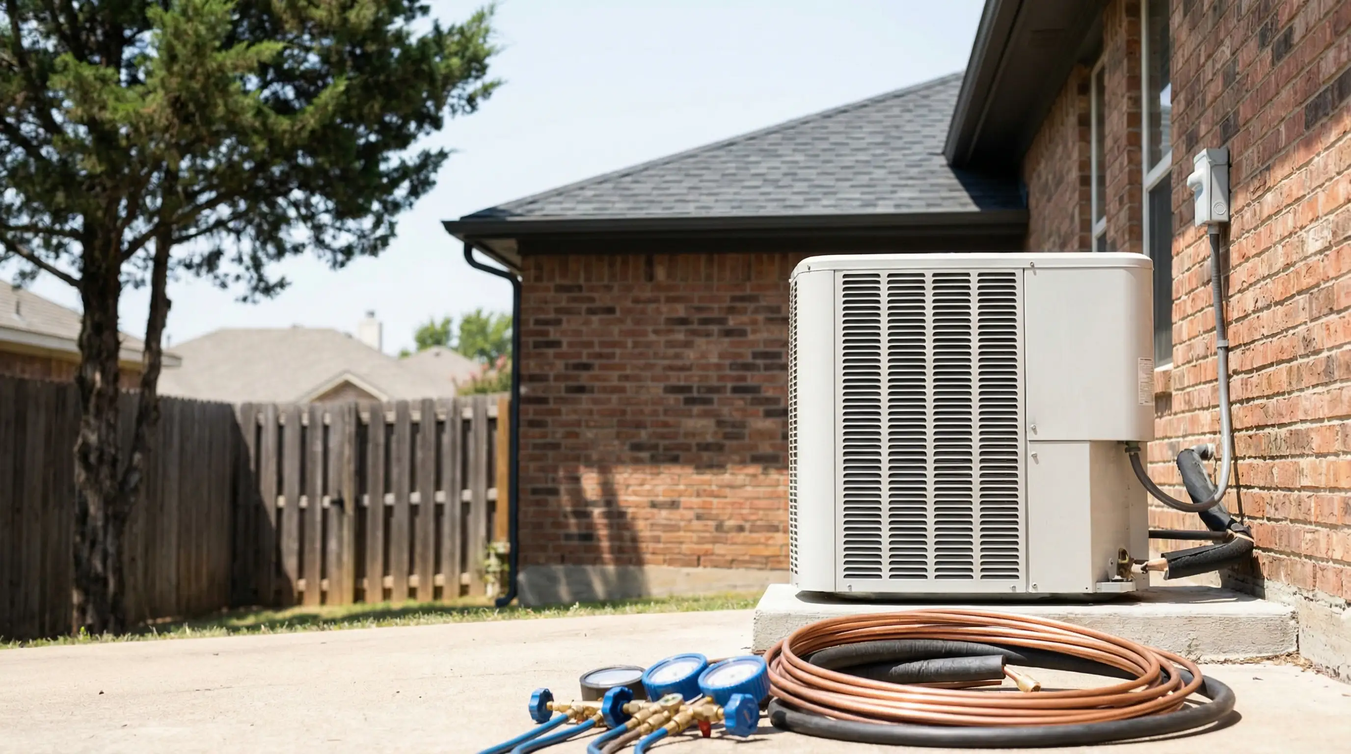 Professional HVAC technician inspecting a residential condenser unit outside a 1970s brick ranch home in Garland, TX