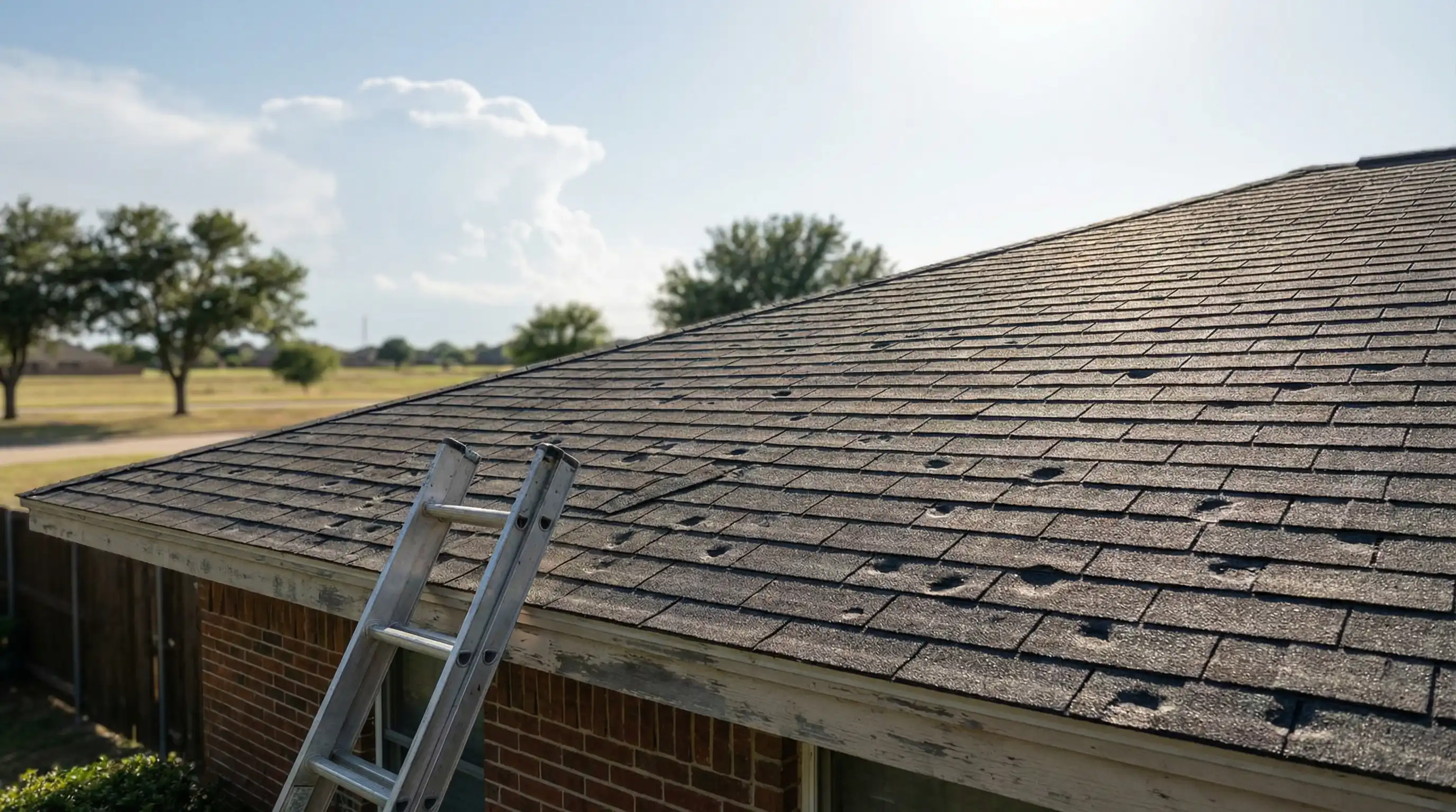 Professional roofer inspecting storm-damaged asphalt shingles on a mid-century brick ranch home in Garland, TX