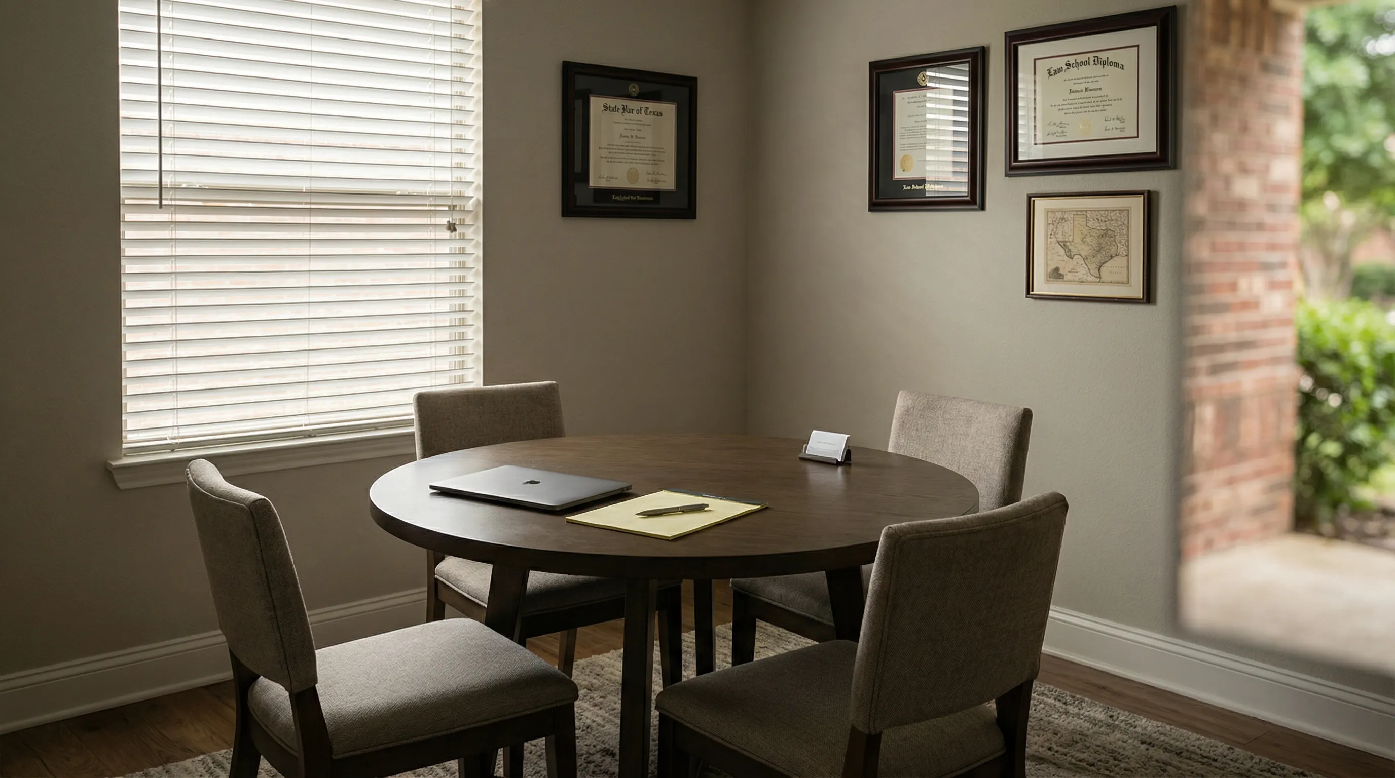 Professional bilingual law office consultation room in Garland, TX with English and Spanish legal documents on the desk