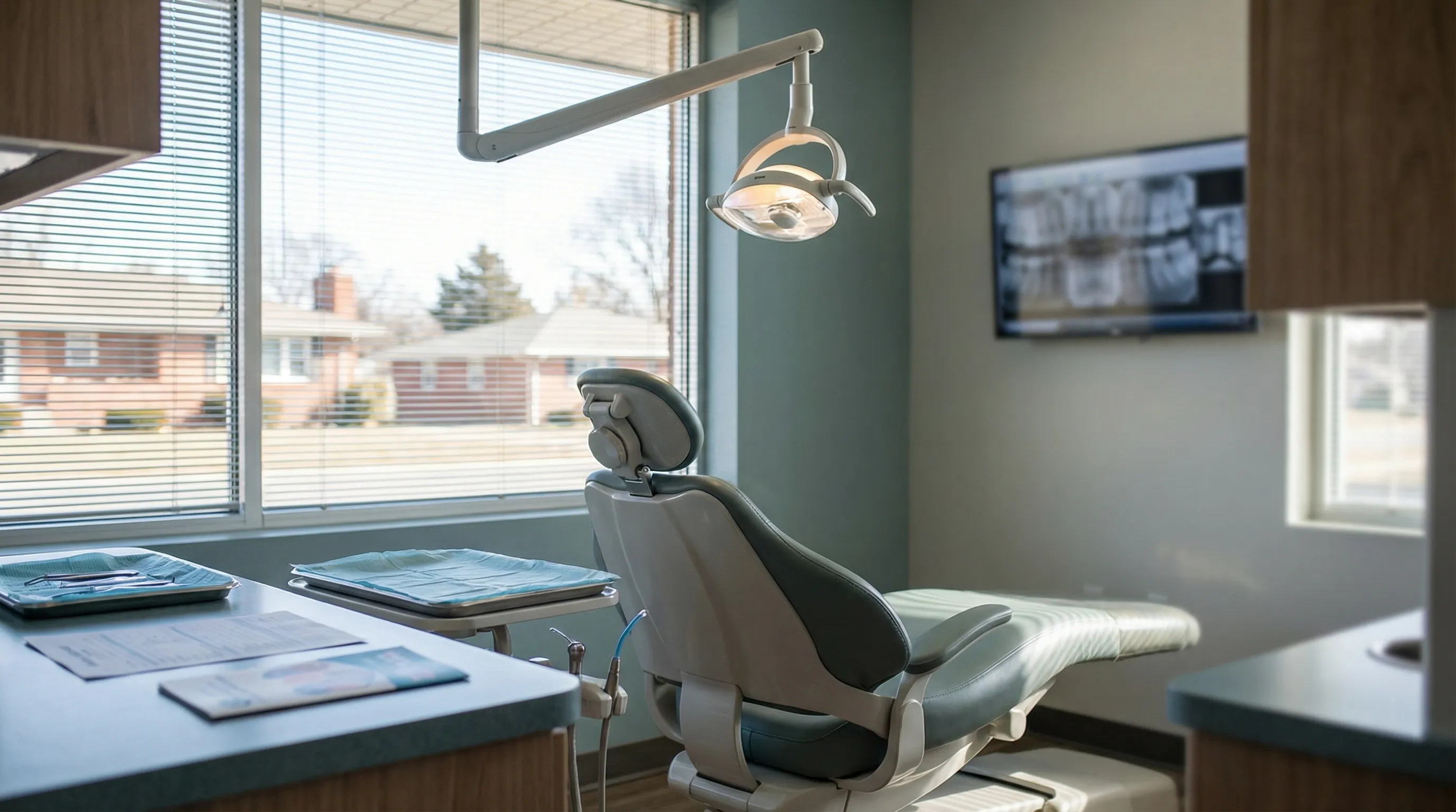 Professional dental operatory in a Garland, TX practice with bilingual patient intake materials and digital X-ray display