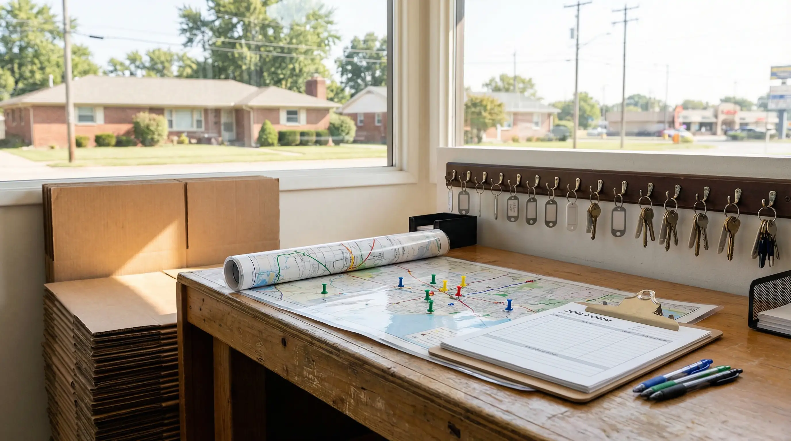 Moving company operations desk in east Garland with ZIP code map, job clipboard, and truck keys showing active local scheduling
