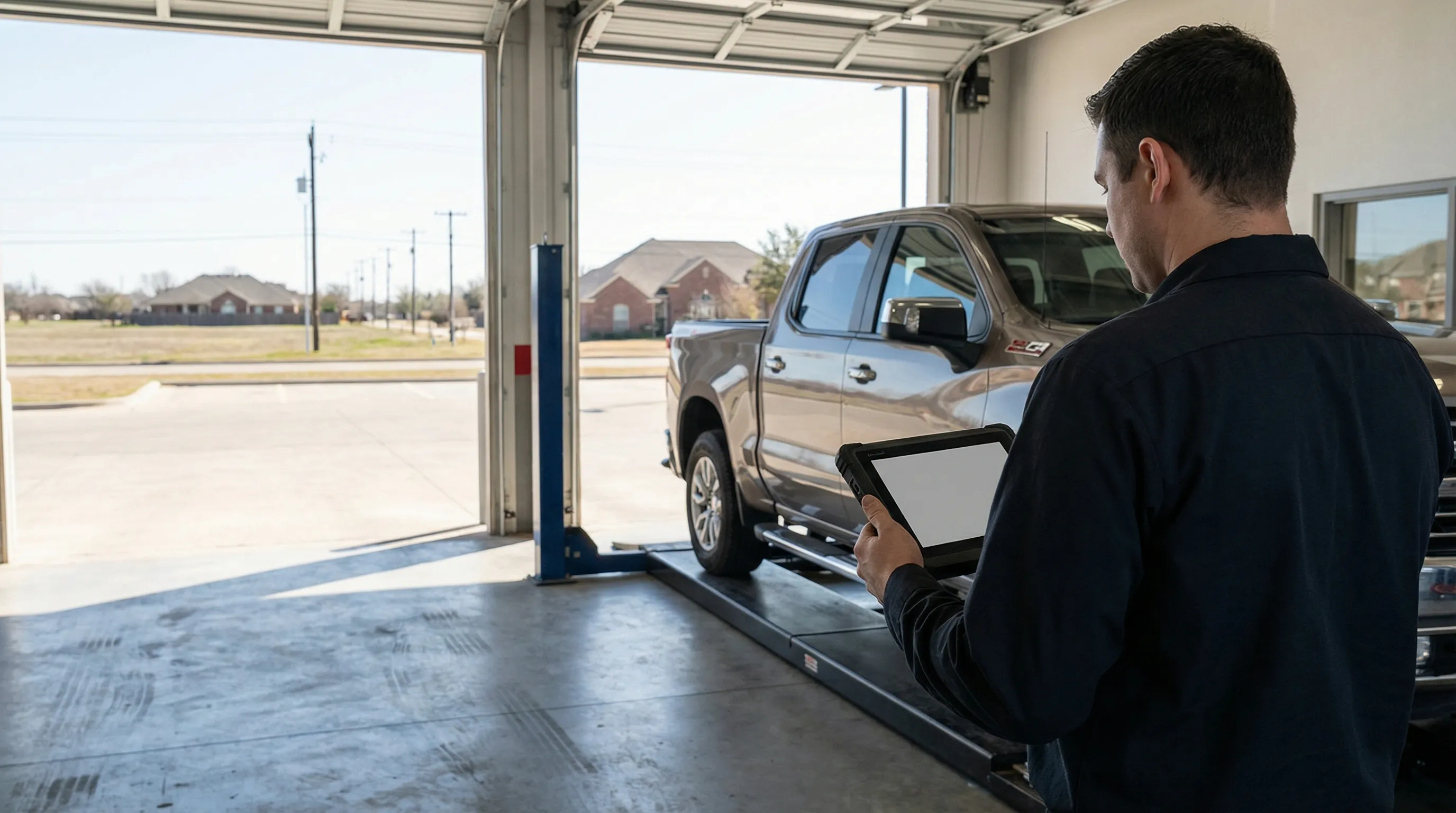 Independent auto repair shop service bay in Garland TX with vehicle on hydraulic lift and technician reviewing diagnostic tablet