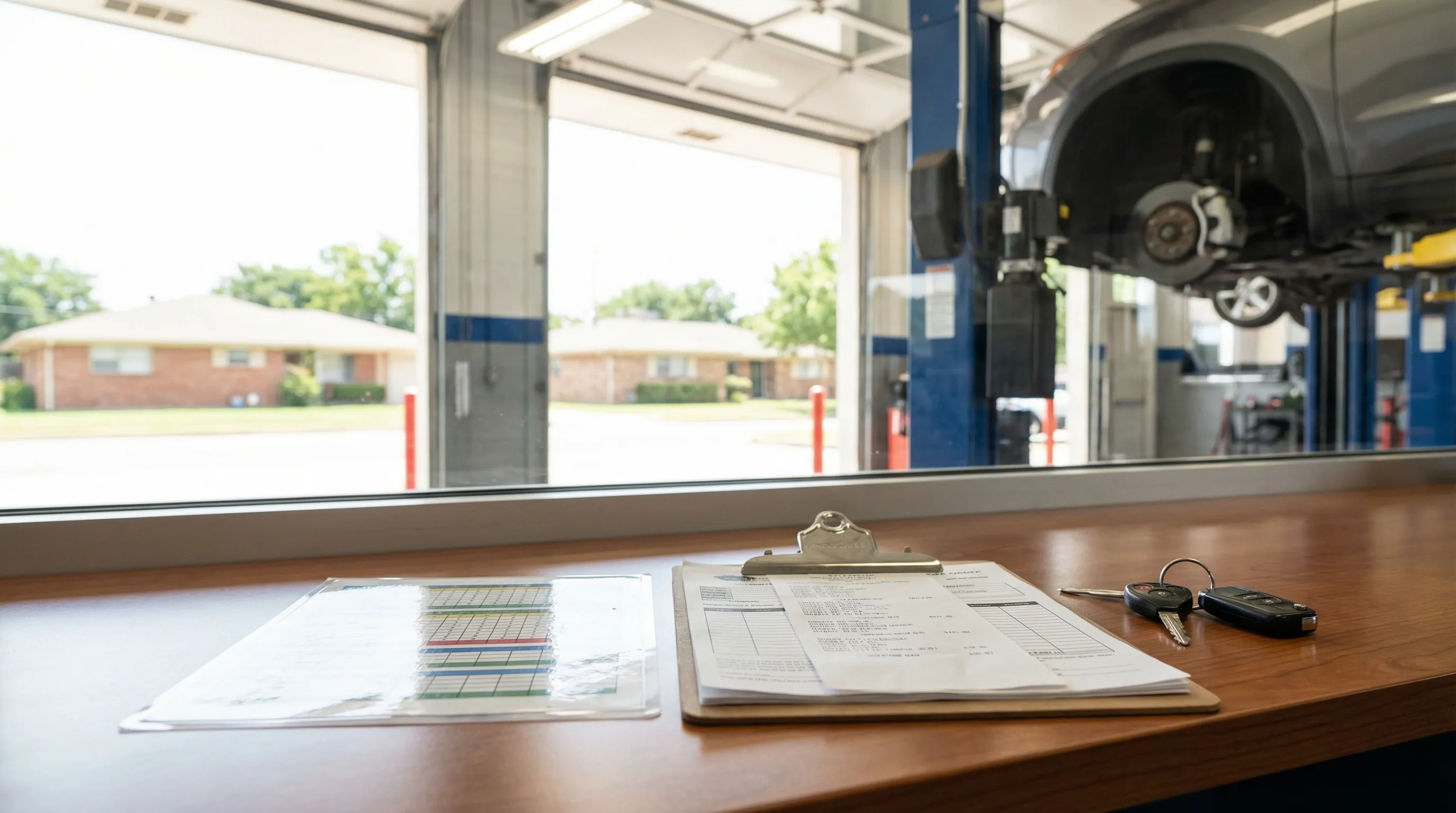 Independent auto repair shop service bay in Garland TX with vehicle on hydraulic lift and technician reviewing diagnostic tablet