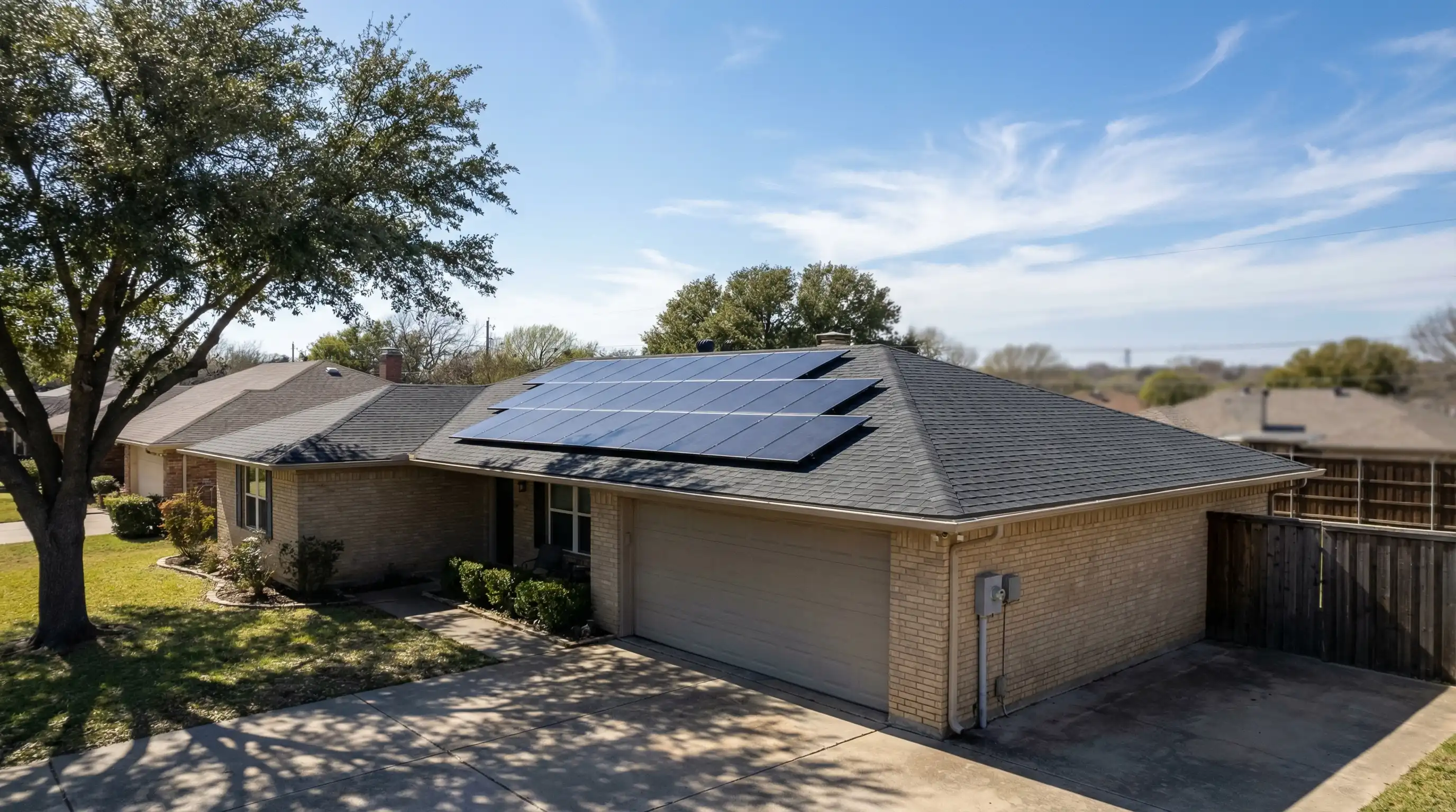 Solar panels installed on a brick ranch home roof in a Garland TX suburb with GP&L meter box visible and clear North Texas sky