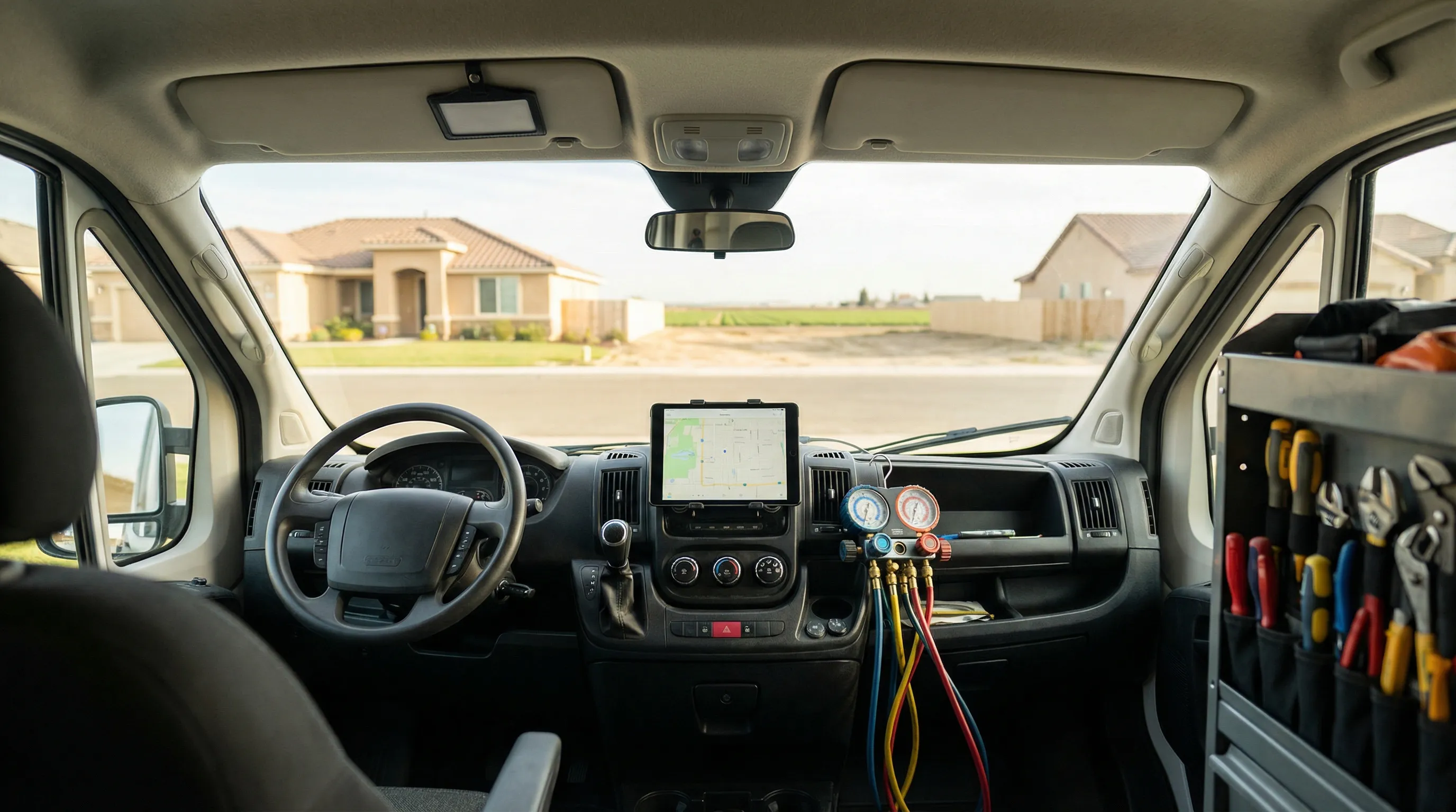 Professional HVAC technician servicing an air conditioning unit outside a ranch-style home in Modesto, CA