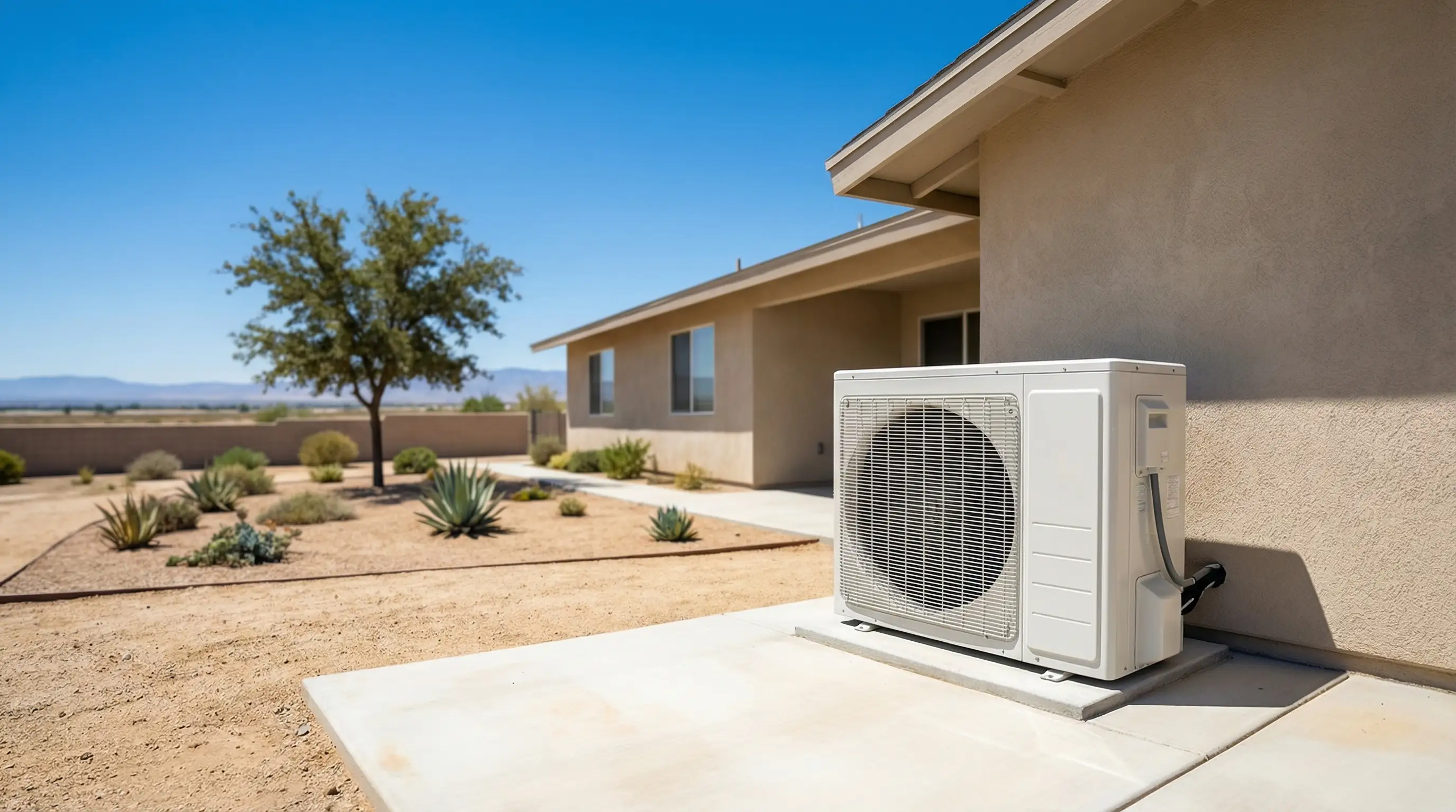 Professional HVAC technician servicing an air conditioning unit outside a ranch-style home in Modesto, CA