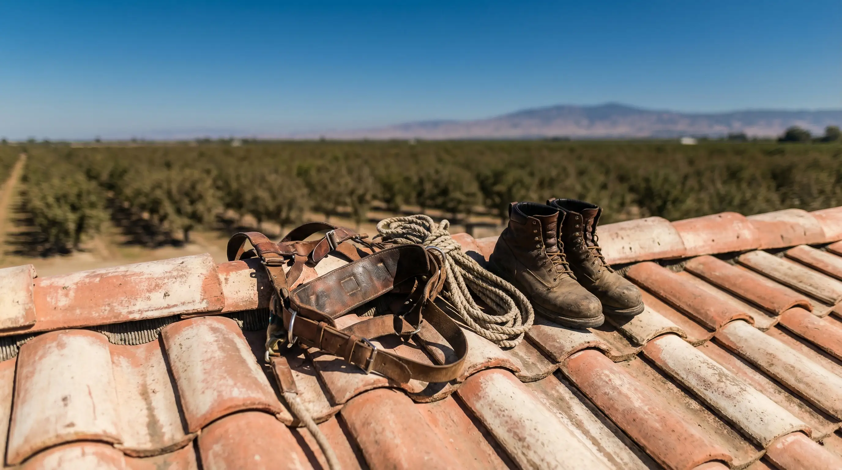 Professional roofer inspecting clay tile roof on a California ranch-style home in Modesto, CA