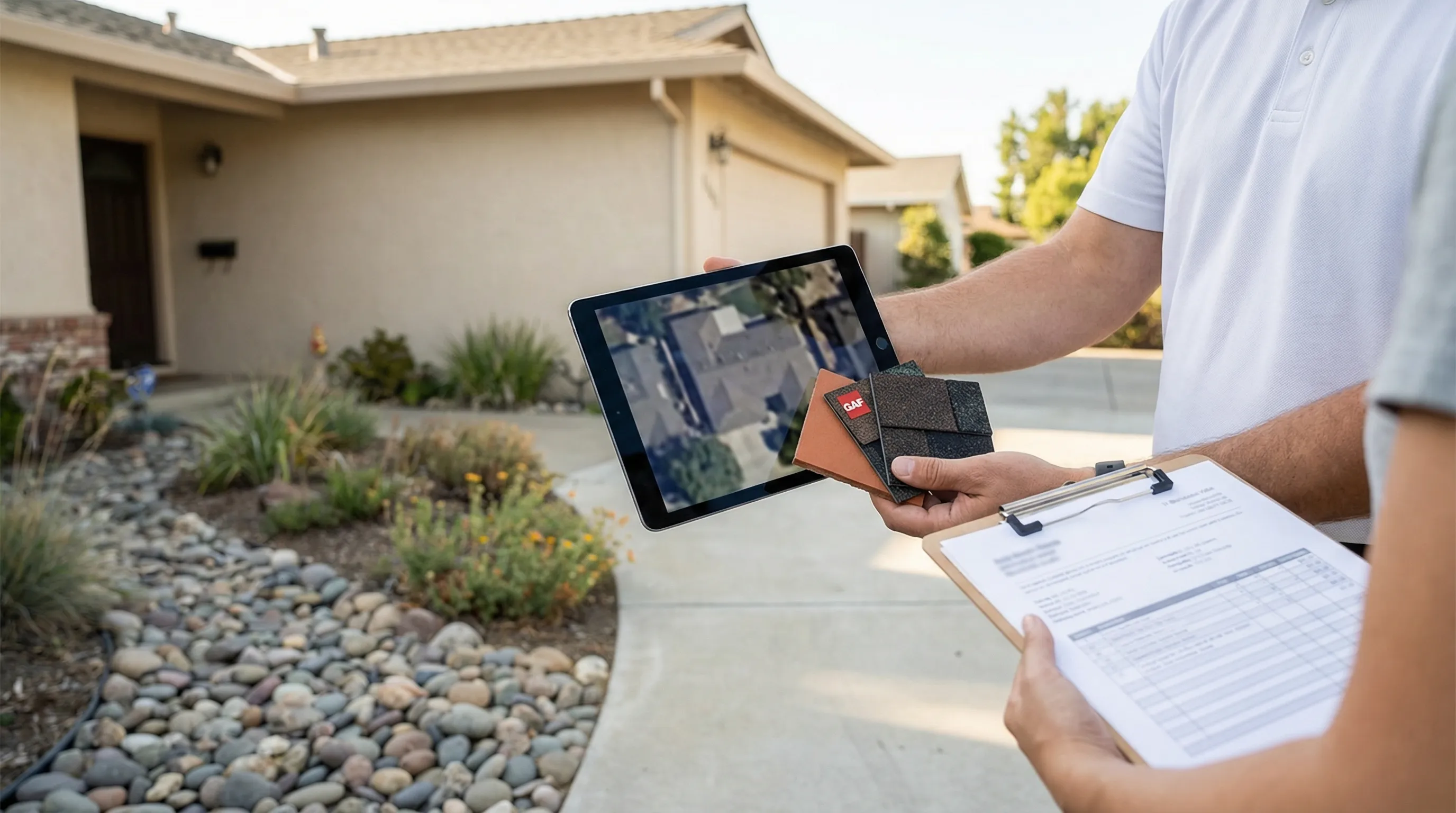 Professional roofer inspecting clay tile roof on a California ranch-style home in Modesto, CA