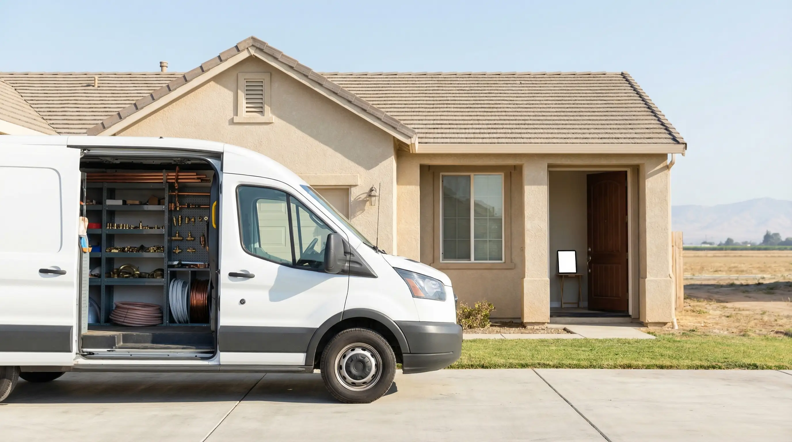 Licensed plumber working on pipes under a kitchen sink in a Modesto, CA ranch-style home
