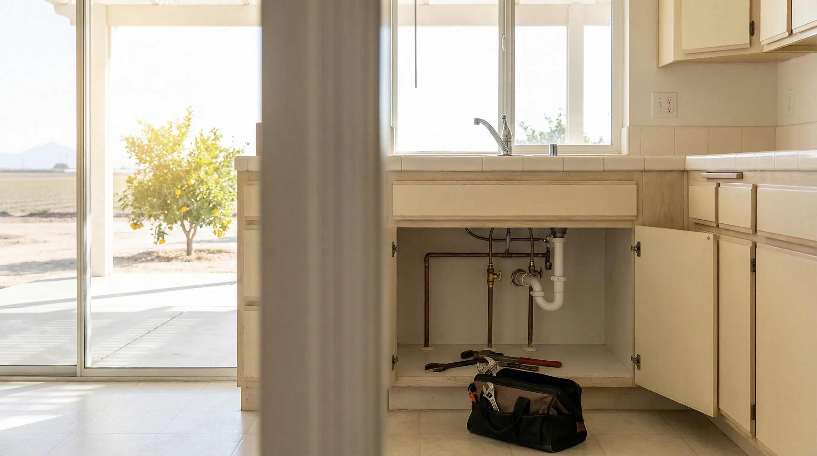 Licensed plumber working on pipes under a kitchen sink in a Modesto, CA ranch-style home